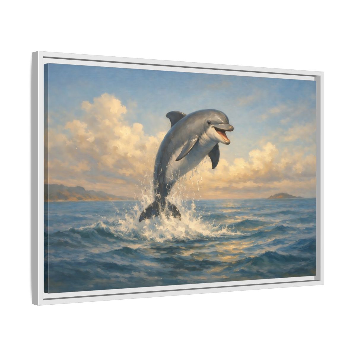 Side Mockup 10. Animals Dolphin Blue And Gold shown as stretched canvas wall art