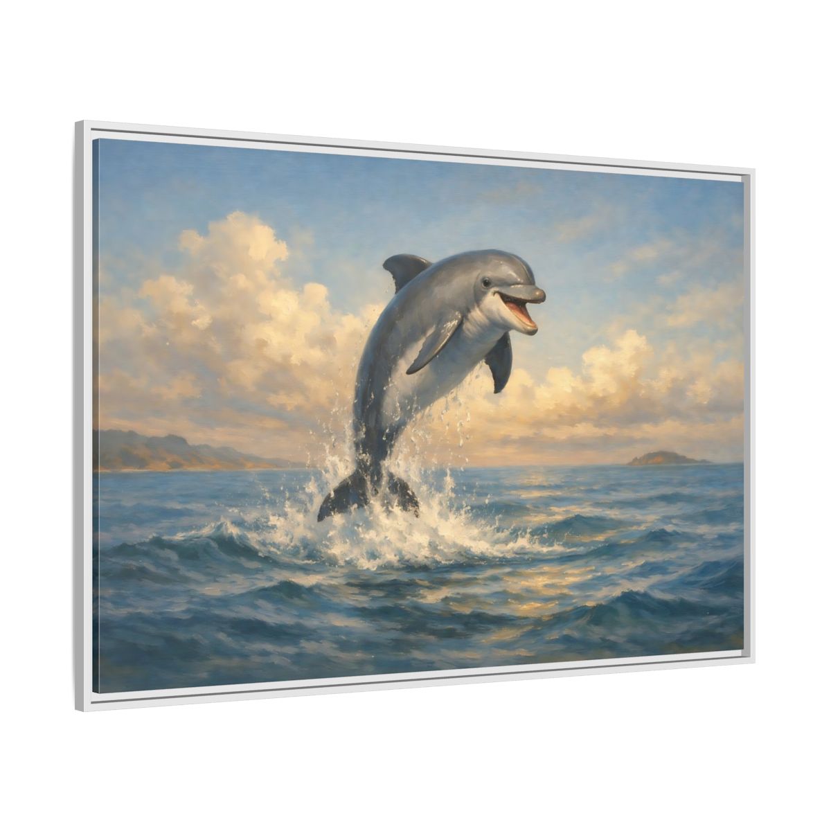 Side Mockup 7. Animals Dolphin Blue And Gold shown as stretched canvas wall art