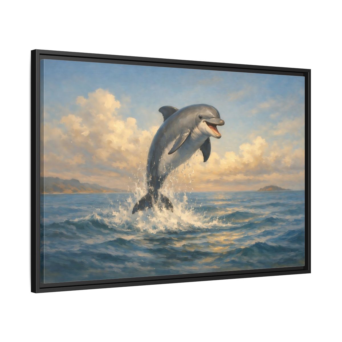 Side Mockup 13. Animals Dolphin Blue And Gold shown as stretched canvas wall art