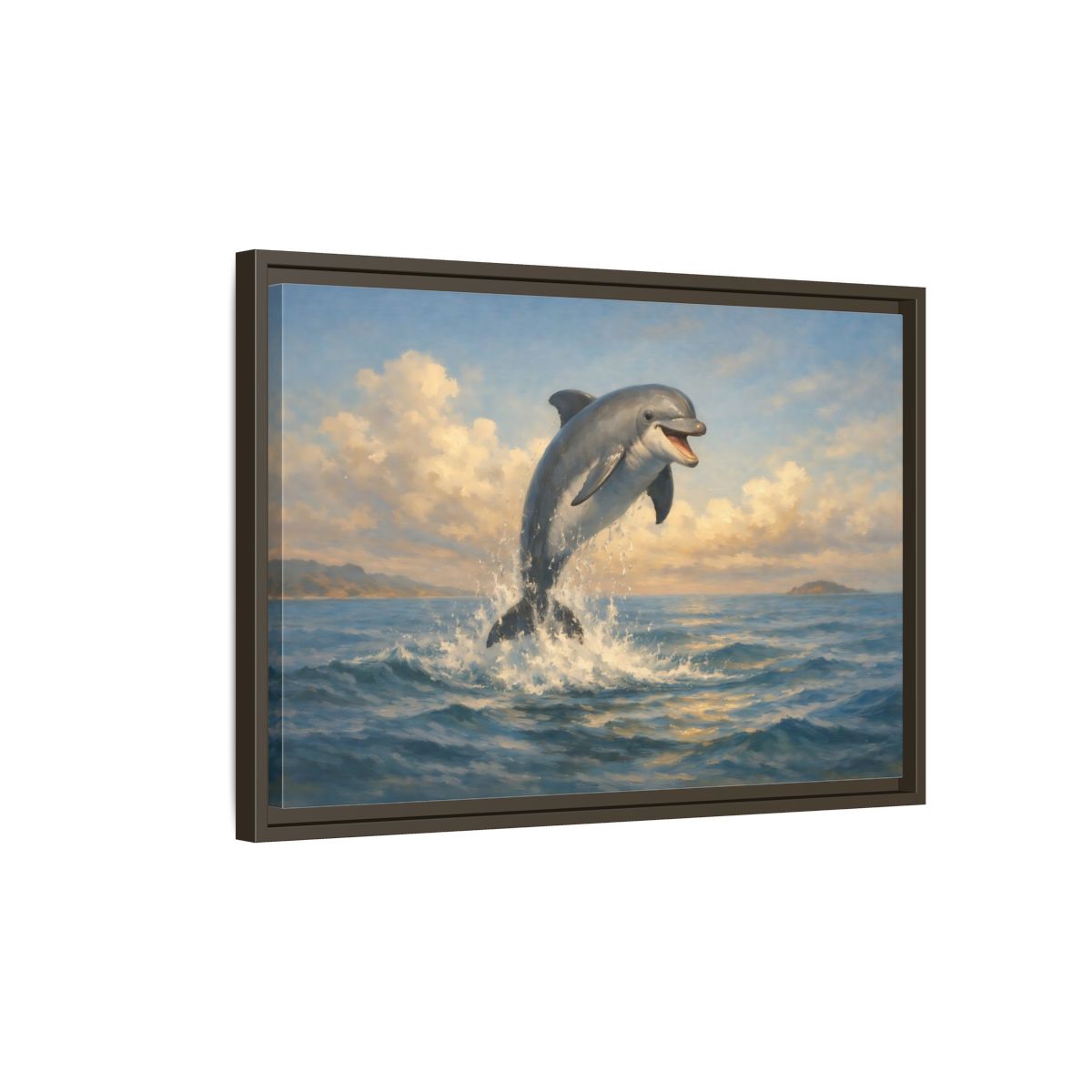Side Mockup 2. Animals Dolphin Blue And Gold shown as stretched canvas wall art
