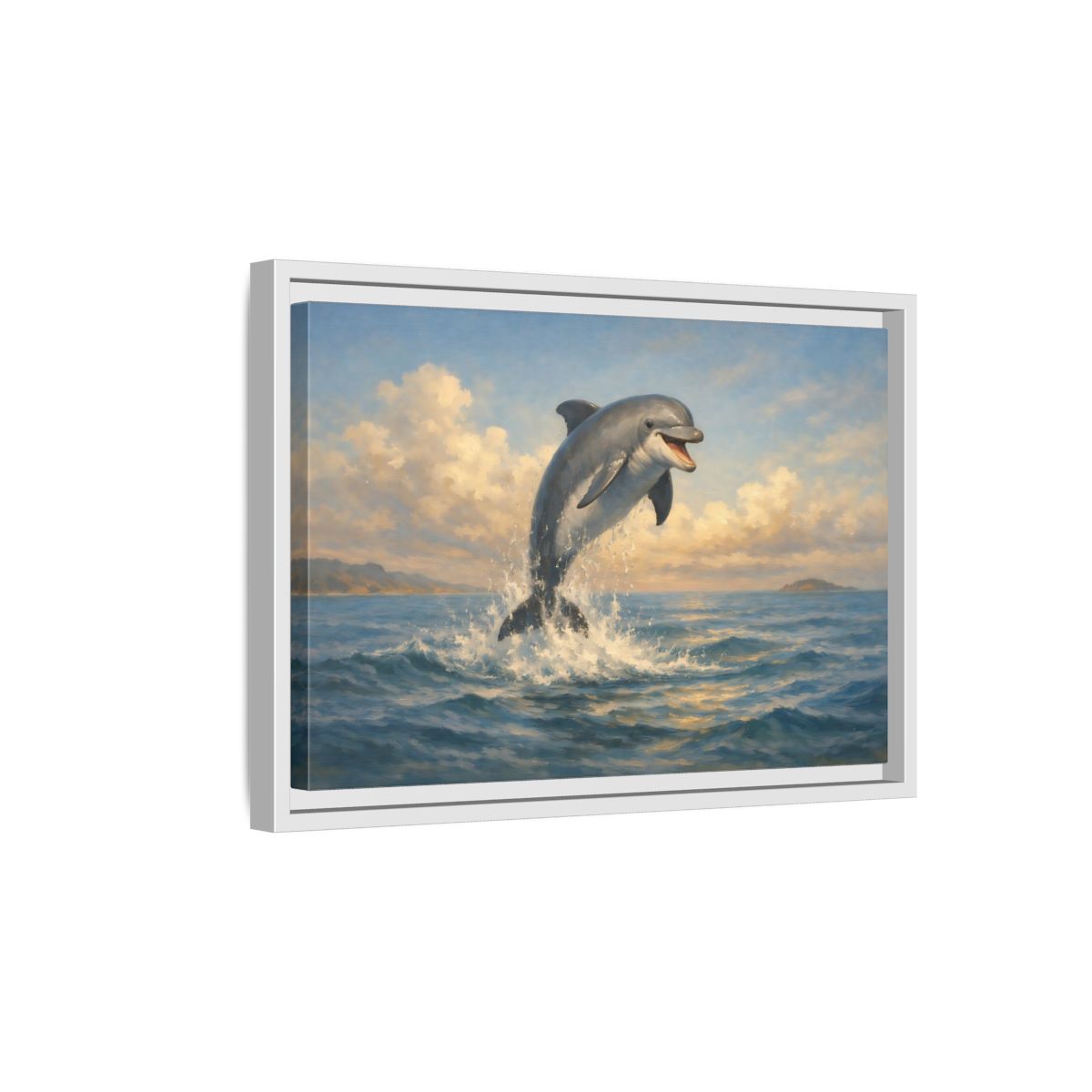 Side Mockup 4. Animals Dolphin Blue And Gold shown as stretched canvas wall art