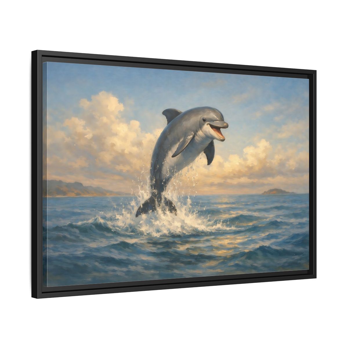 Side Mockup 14. Animals Dolphin Blue And Gold shown as stretched canvas wall art