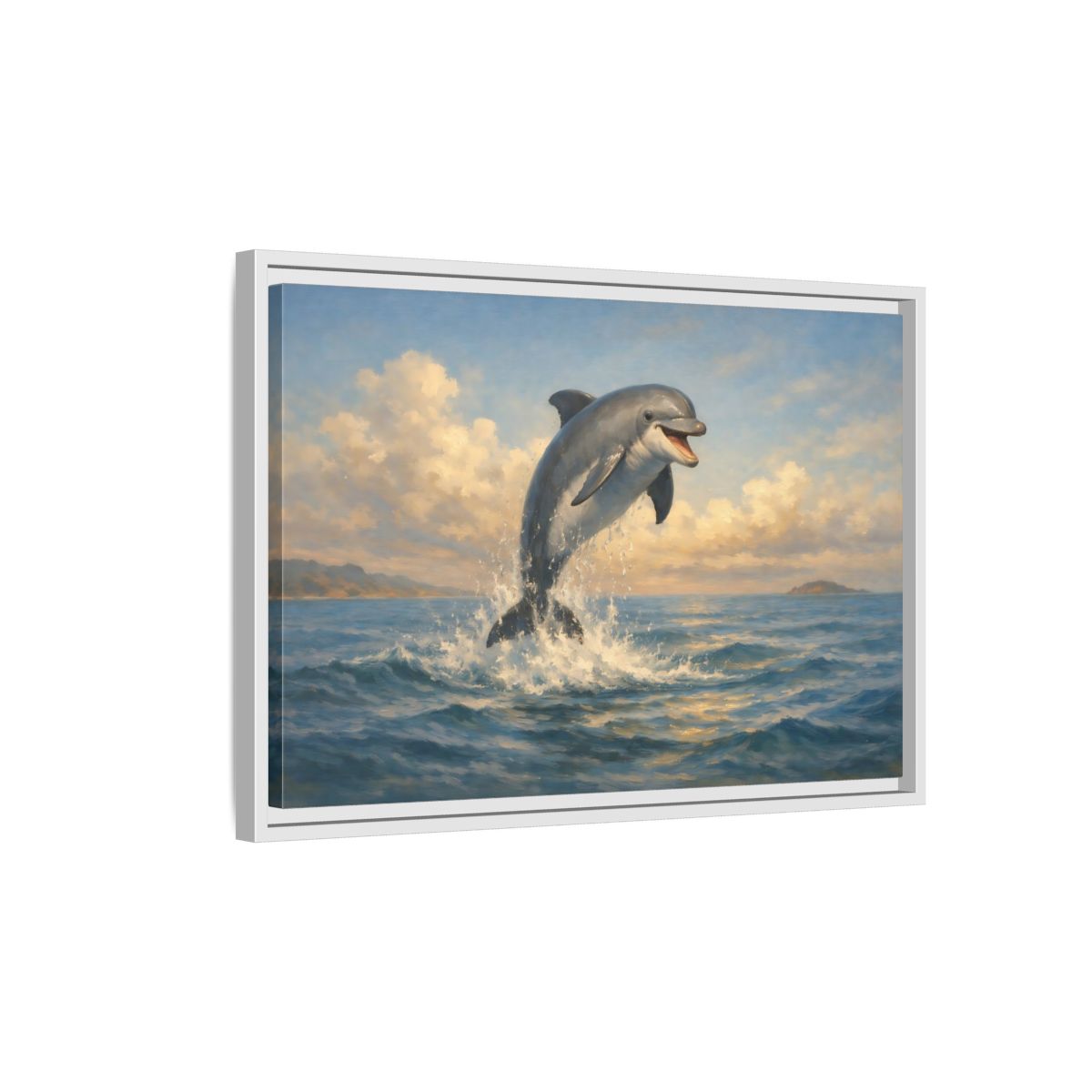 Side Mockup 1. Animals Dolphin Blue And Gold shown as stretched canvas wall art