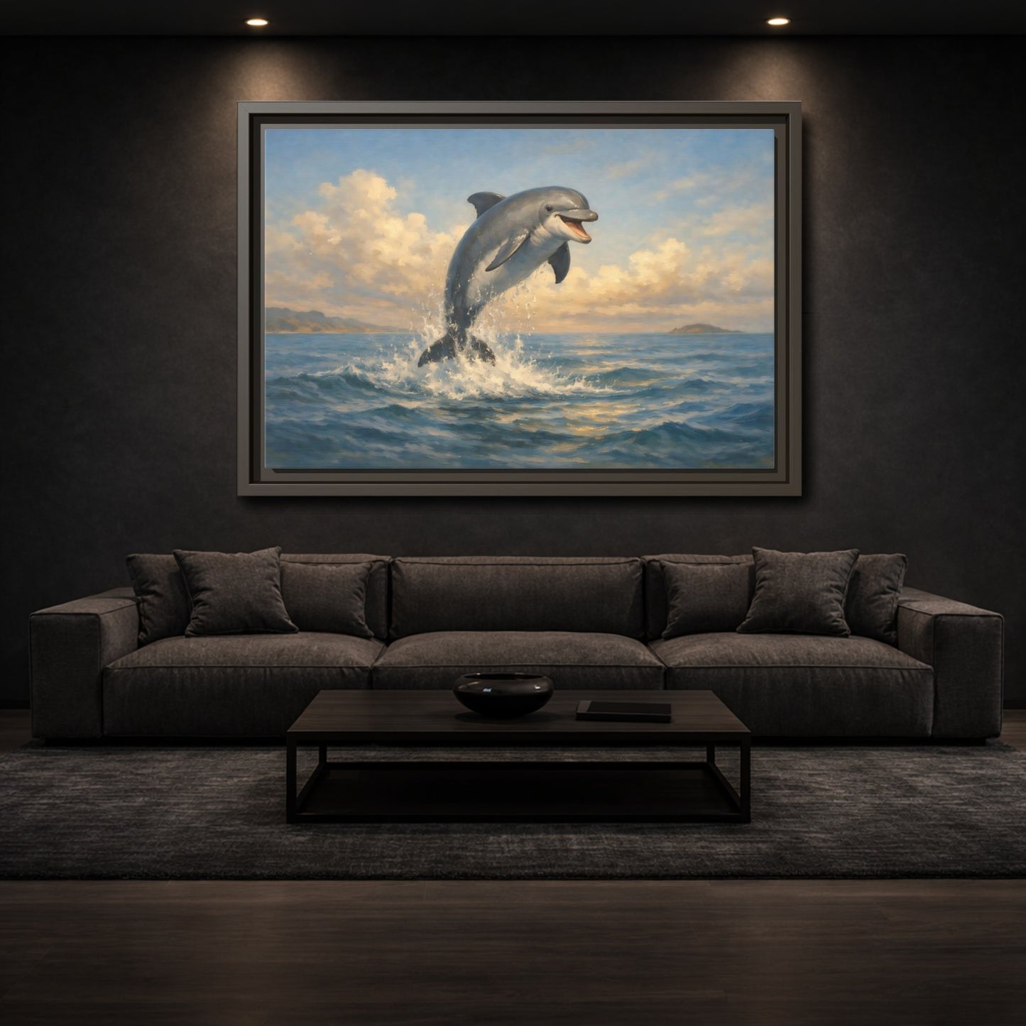 Mockup 2. Animals Dolphin Blue And Gold shown as stretched canvas wall art
