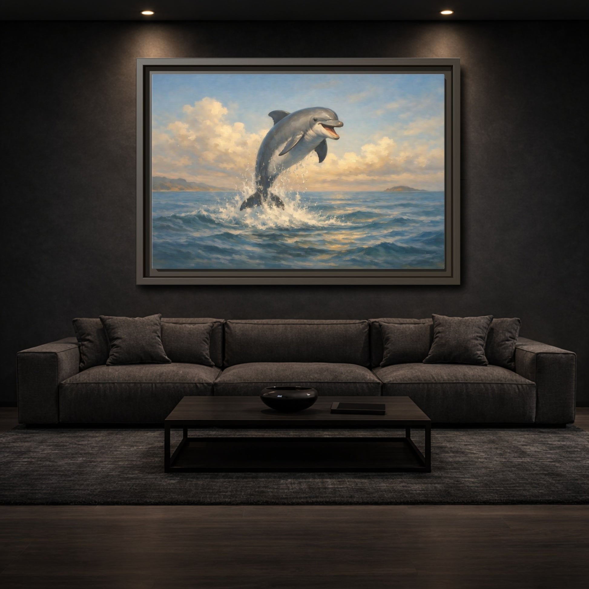 Mockup 2. Animals Dolphin Blue And Gold shown as stretched canvas wall art