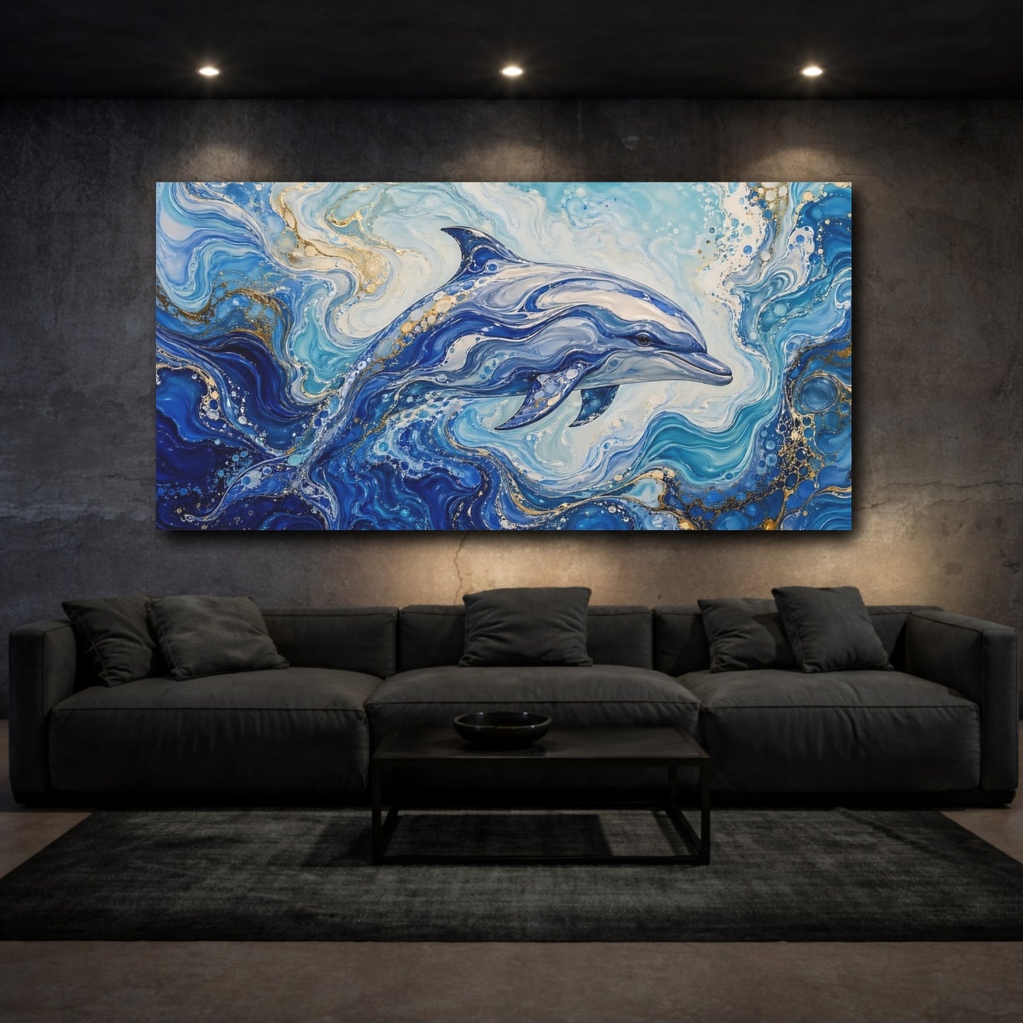 Mockup 2. Animals Dolphin Blue And Gold shown as stretched canvas wall art