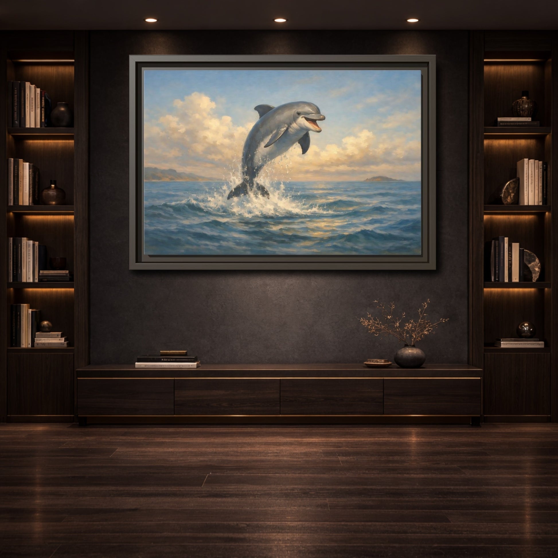 Mockup 3. Animals Dolphin Blue And Gold shown as stretched canvas wall art