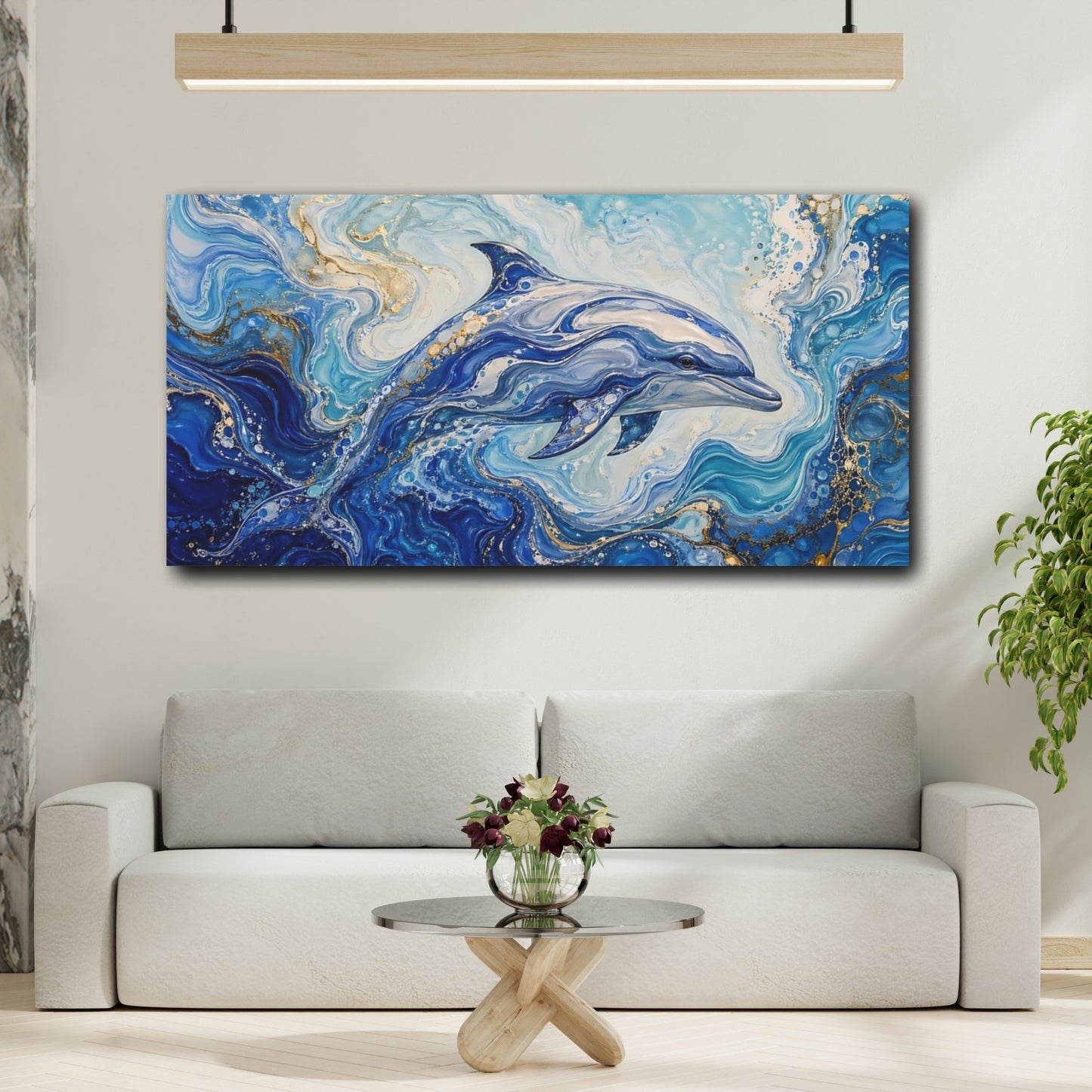 Mockup 3. Animals Dolphin Blue And Gold shown as stretched canvas wall art