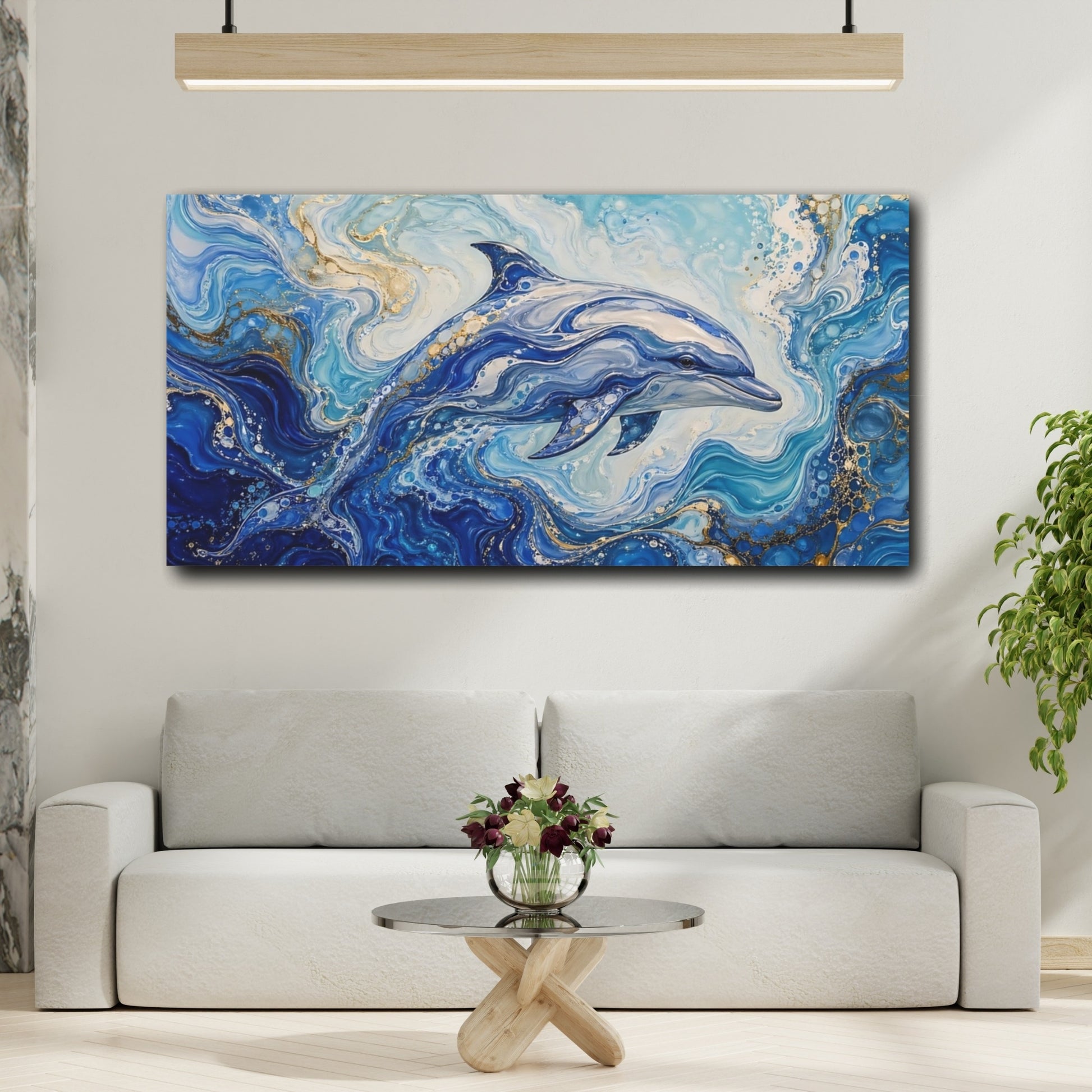 Mockup 3. Animals Dolphin Blue And Gold shown as stretched canvas wall art