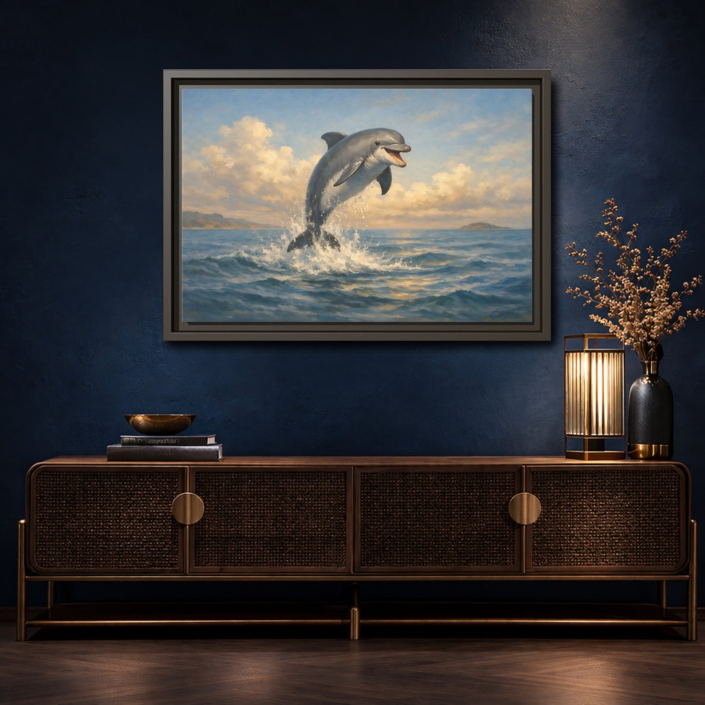 Mockup 4. Animals Dolphin Blue And Gold shown as stretched canvas wall art
