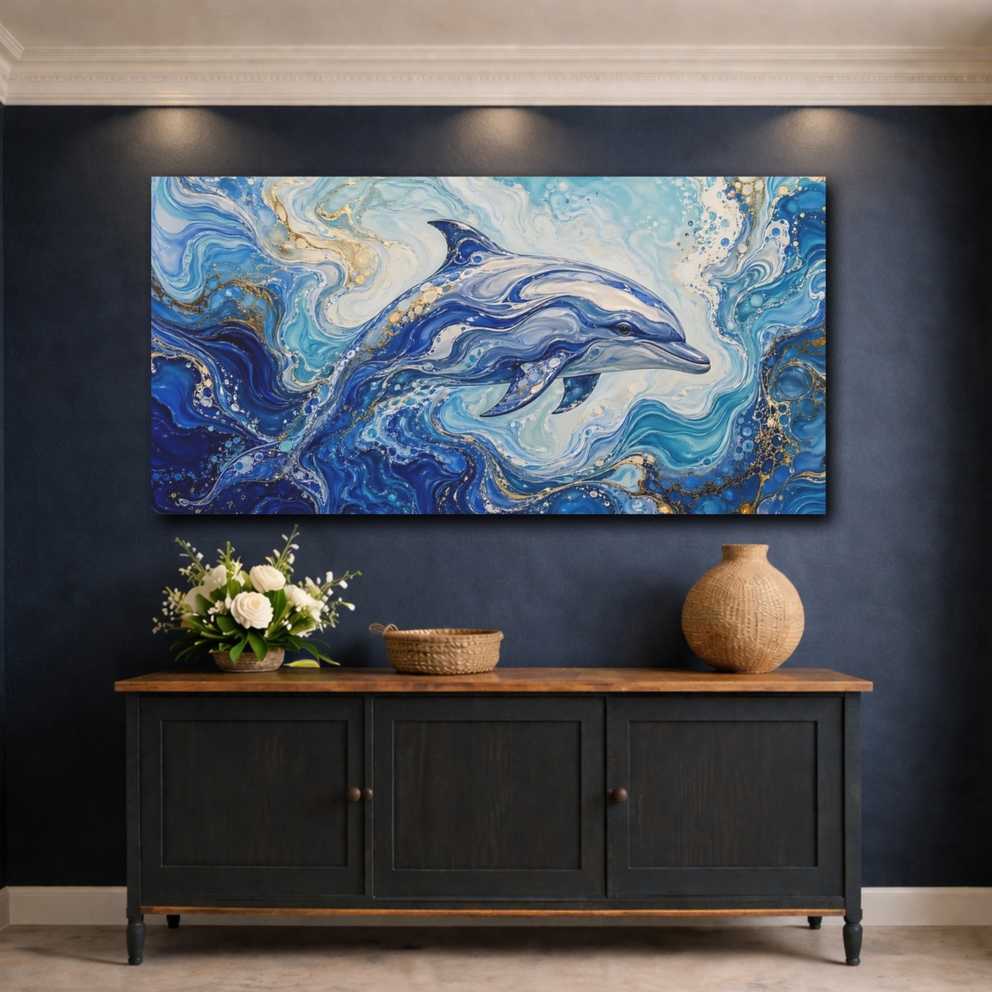 Mockup 4. Animals Dolphin Blue And Gold shown as stretched canvas wall art