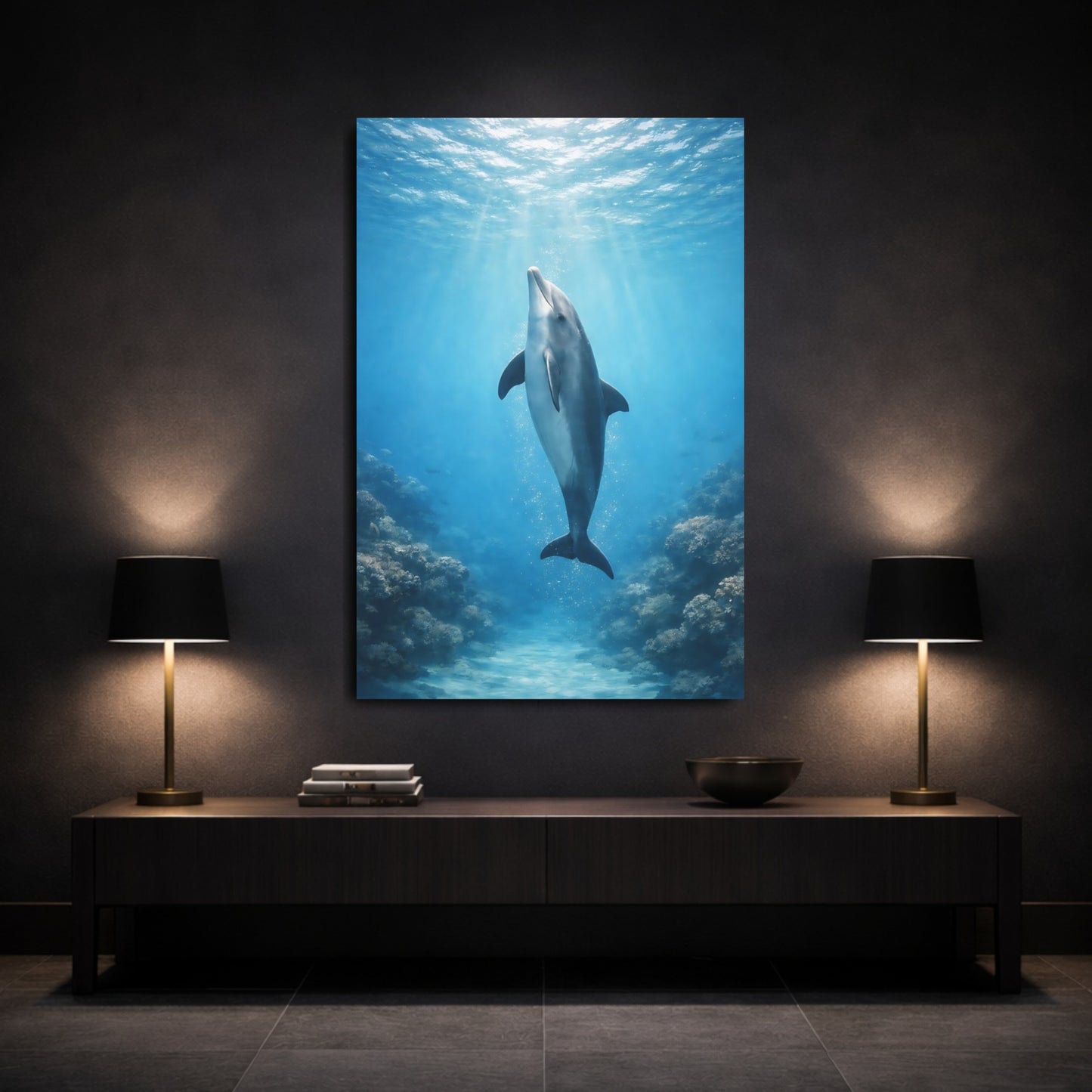Animals Dolphin Blue Dolphin shown as front canvas room wall art