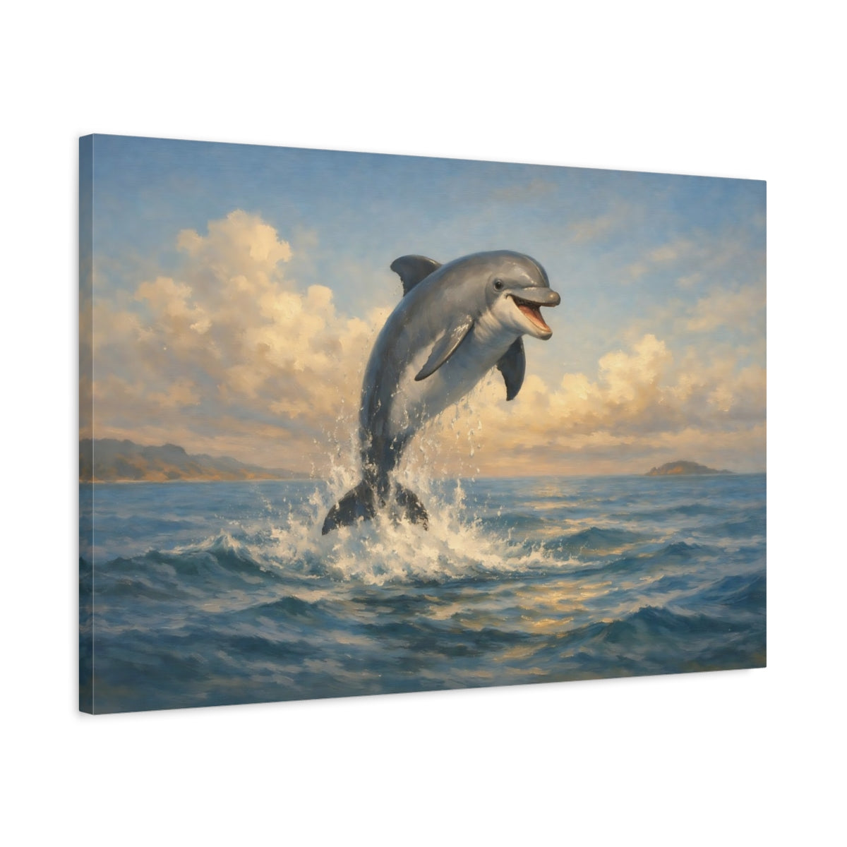 Side Mockup 2. Animals Dolphin Blue Ocean Dolphin shown as stretched canvas wall art