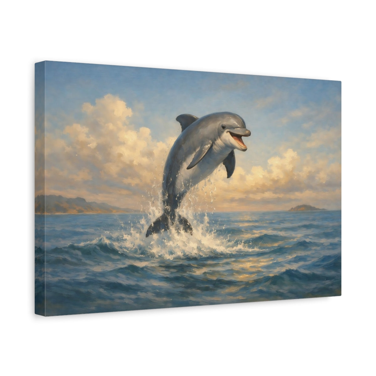 Side Mockup 4. Animals Dolphin Blue Ocean Dolphin shown as stretched canvas wall art
