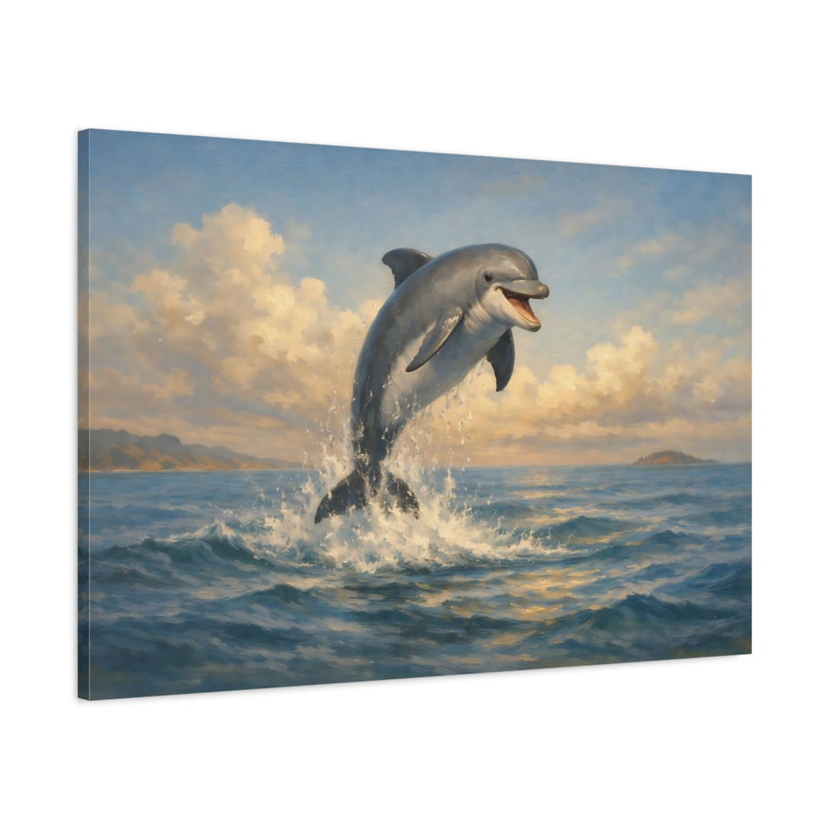 Side Mockup 1. Animals Dolphin Blue Ocean Dolphin shown as stretched canvas wall art