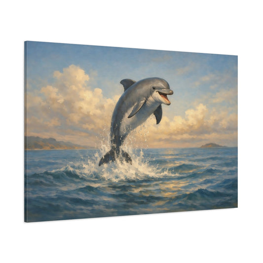 Main Mockup. Animals Dolphin Blue Ocean Dolphin shown as stretched canvas wall art