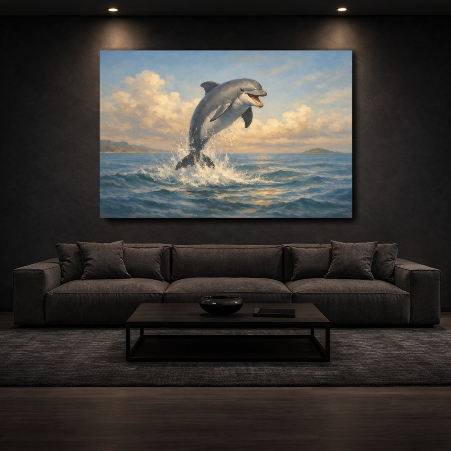 Mockup 2. Animals Dolphin Blue Ocean Dolphin shown as stretched canvas wall art
