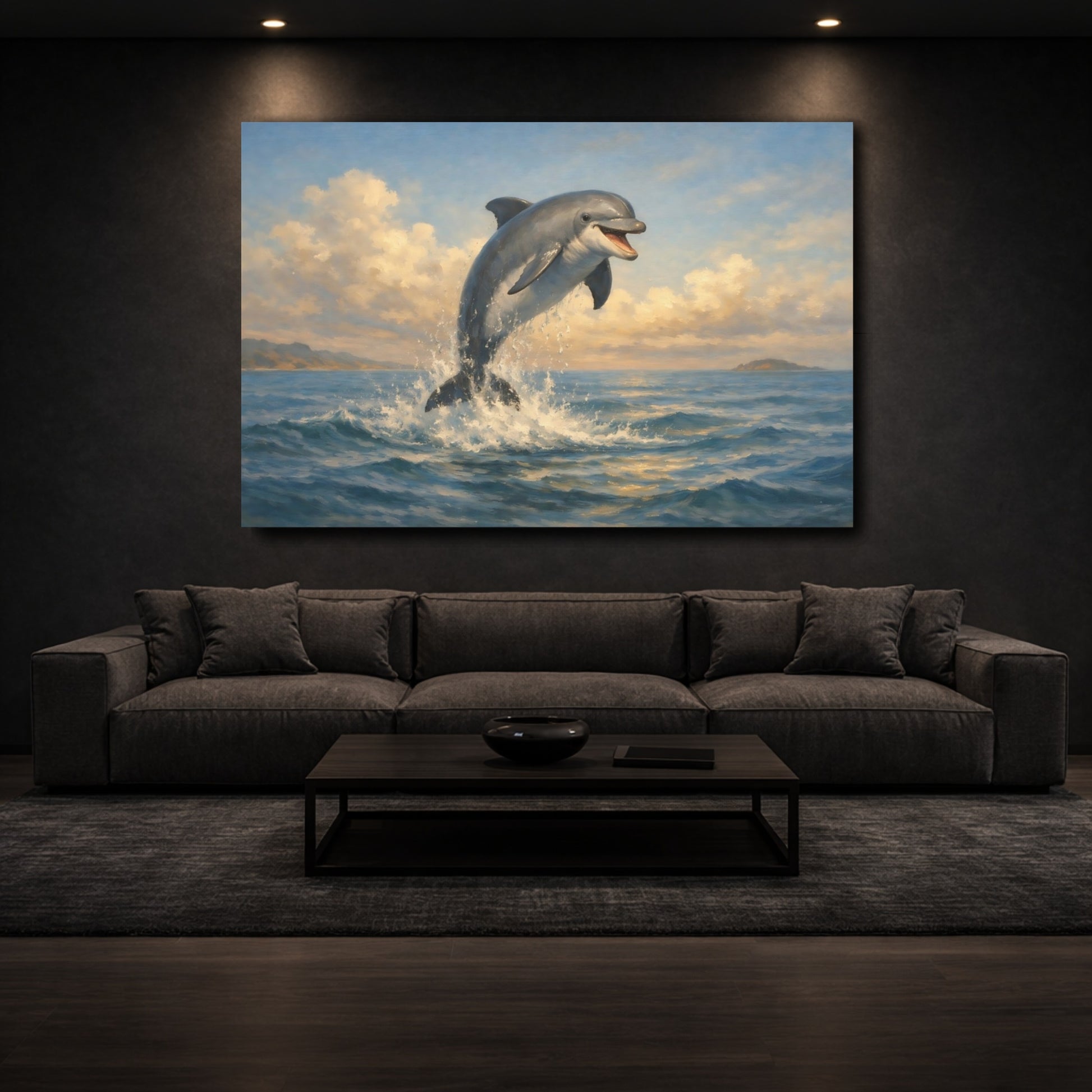 Mockup 2. Animals Dolphin Blue Ocean Dolphin shown as stretched canvas wall art