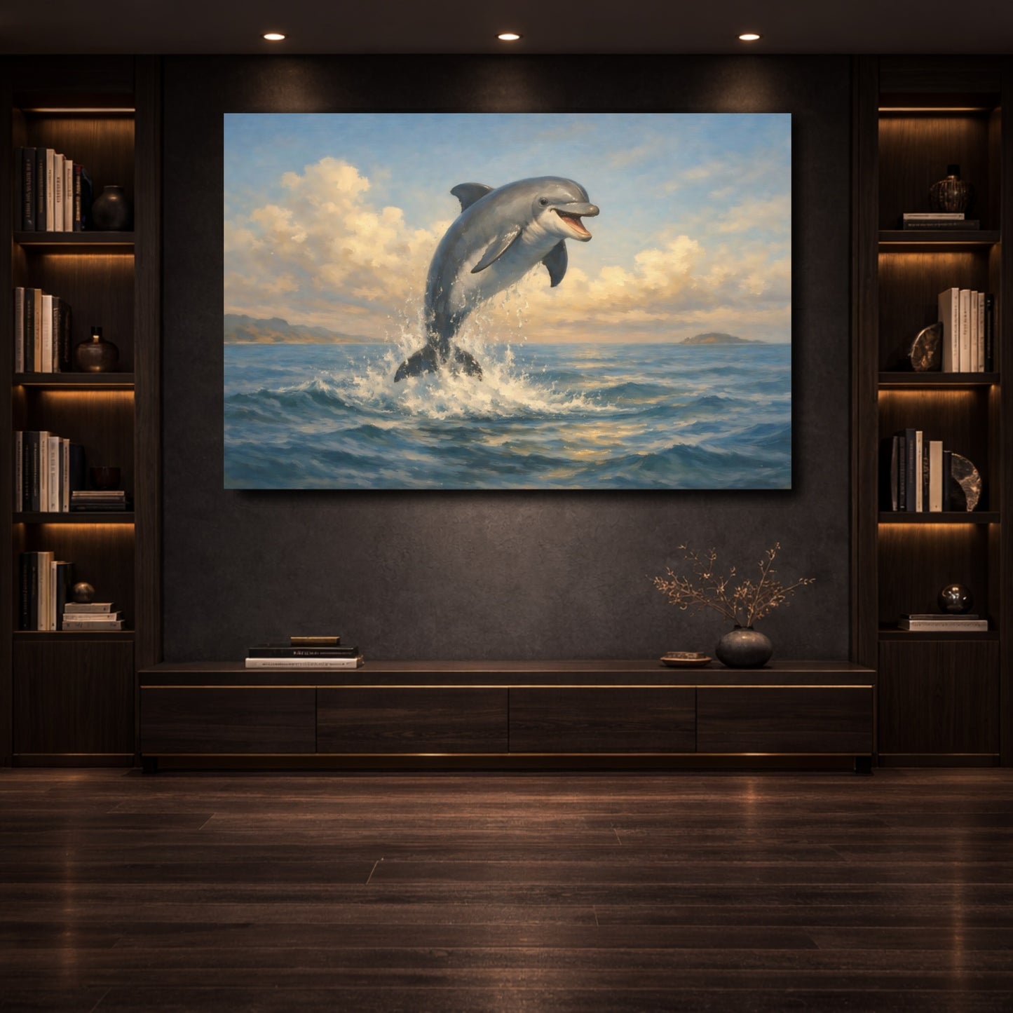 Mockup 3. Animals Dolphin Blue Ocean Dolphin shown as stretched canvas wall art