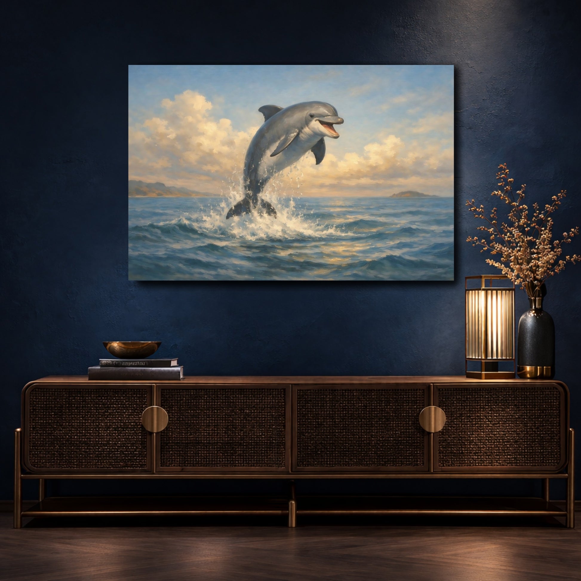 Mockup 4. Animals Dolphin Blue Ocean Dolphin shown as stretched canvas wall art