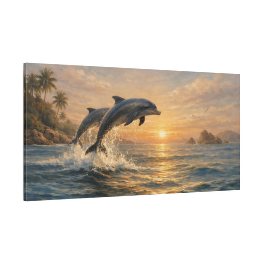 Main Mockup. Animals Dolphins Dolphins Sunset shown as stretched canvas wall art