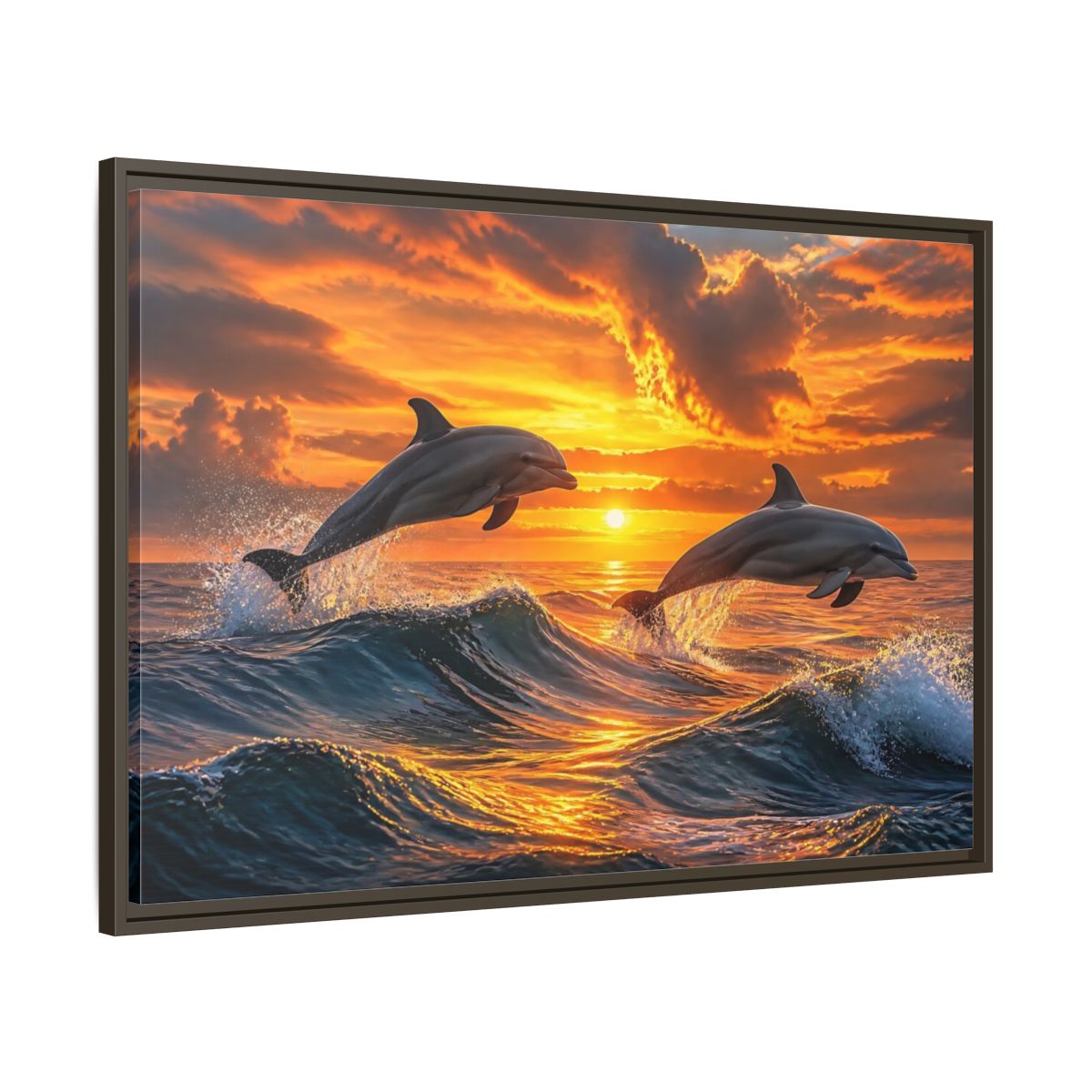 Main Mockup. Animals Dolphins Dolphins Sunset shown as stretched canvas wall art