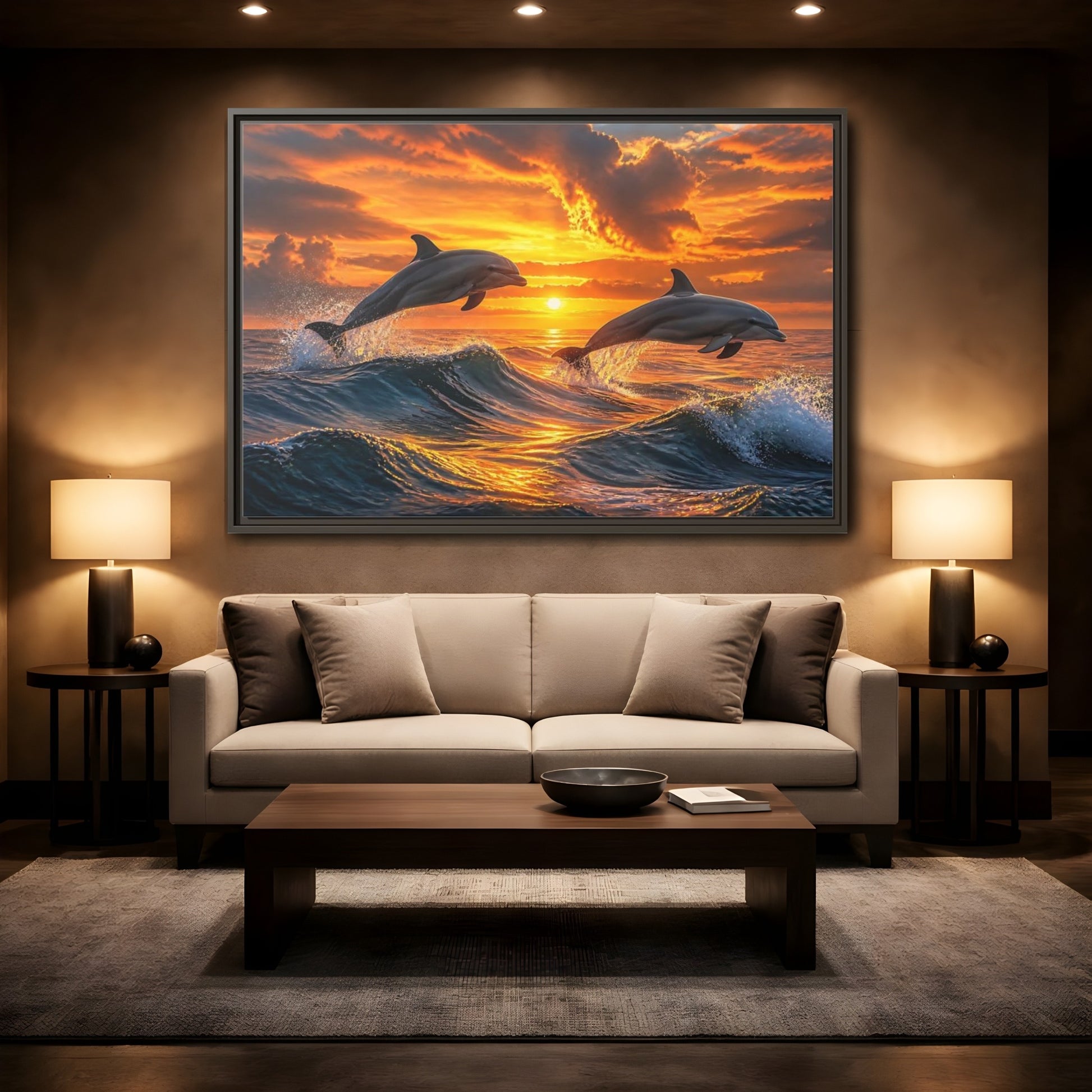 Mockup 2. Animals Dolphins Dolphins Sunset shown as stretched canvas wall art