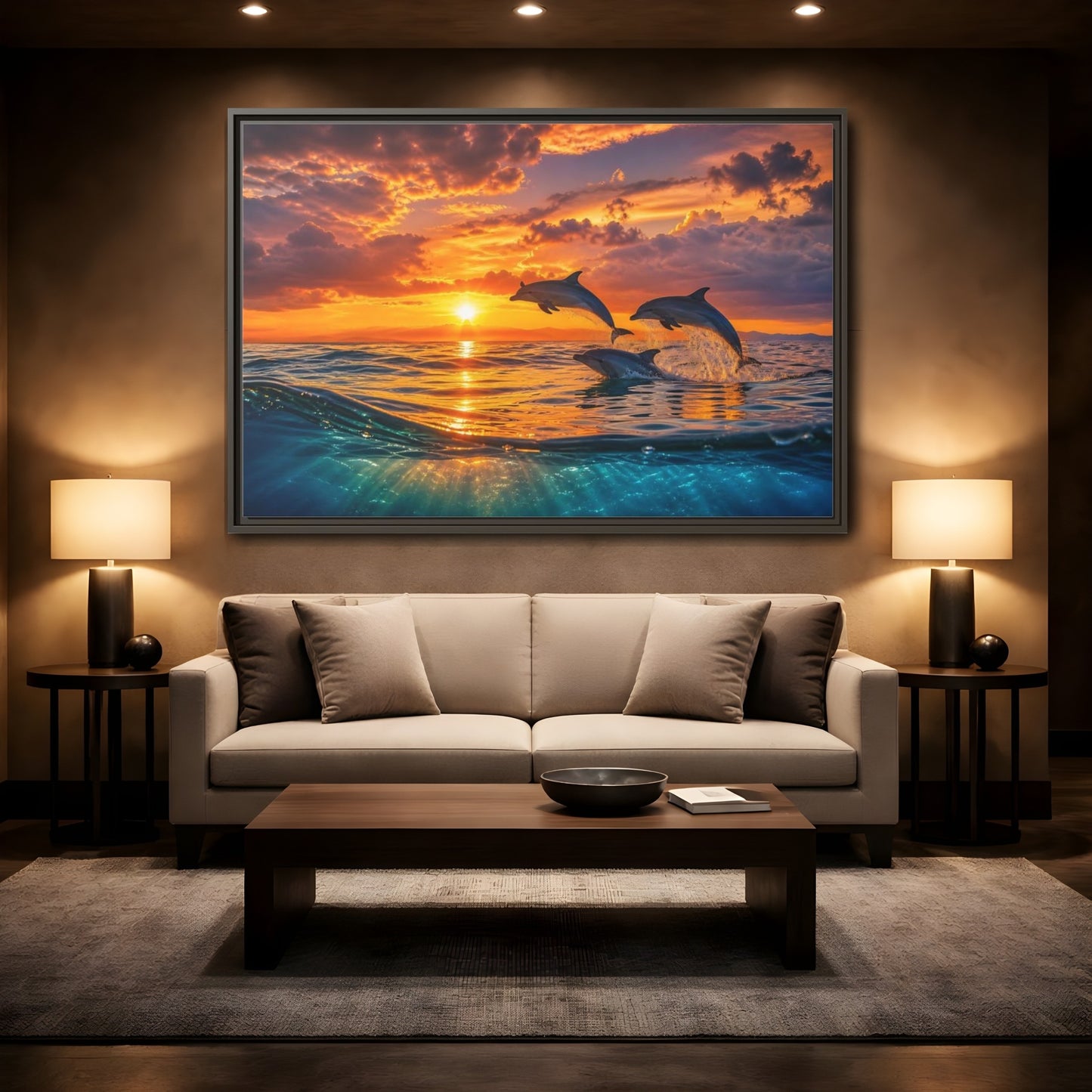 Mockup 2. Animals Dolphins Dolphins Sunset shown as stretched canvas wall art