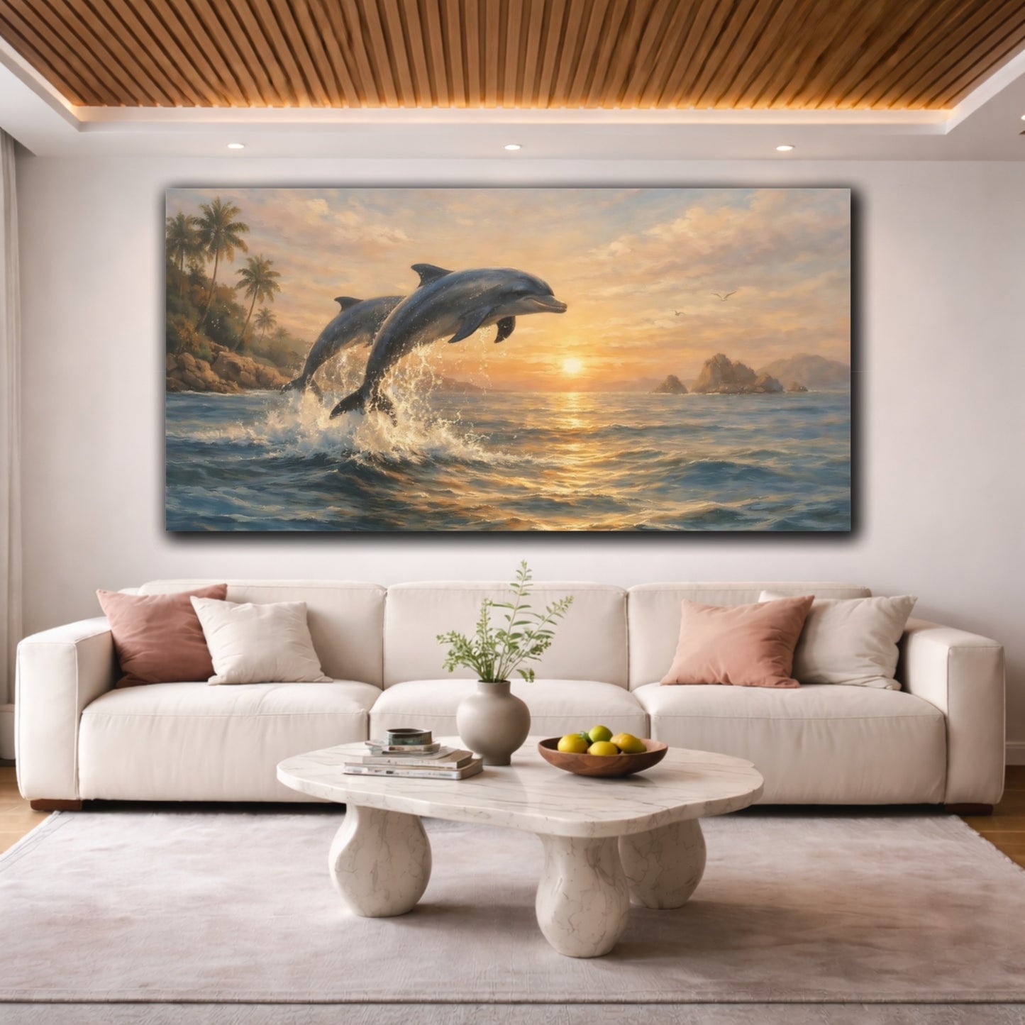 Mockup 3. Animals Dolphins Dolphins Sunset shown as stretched canvas wall art