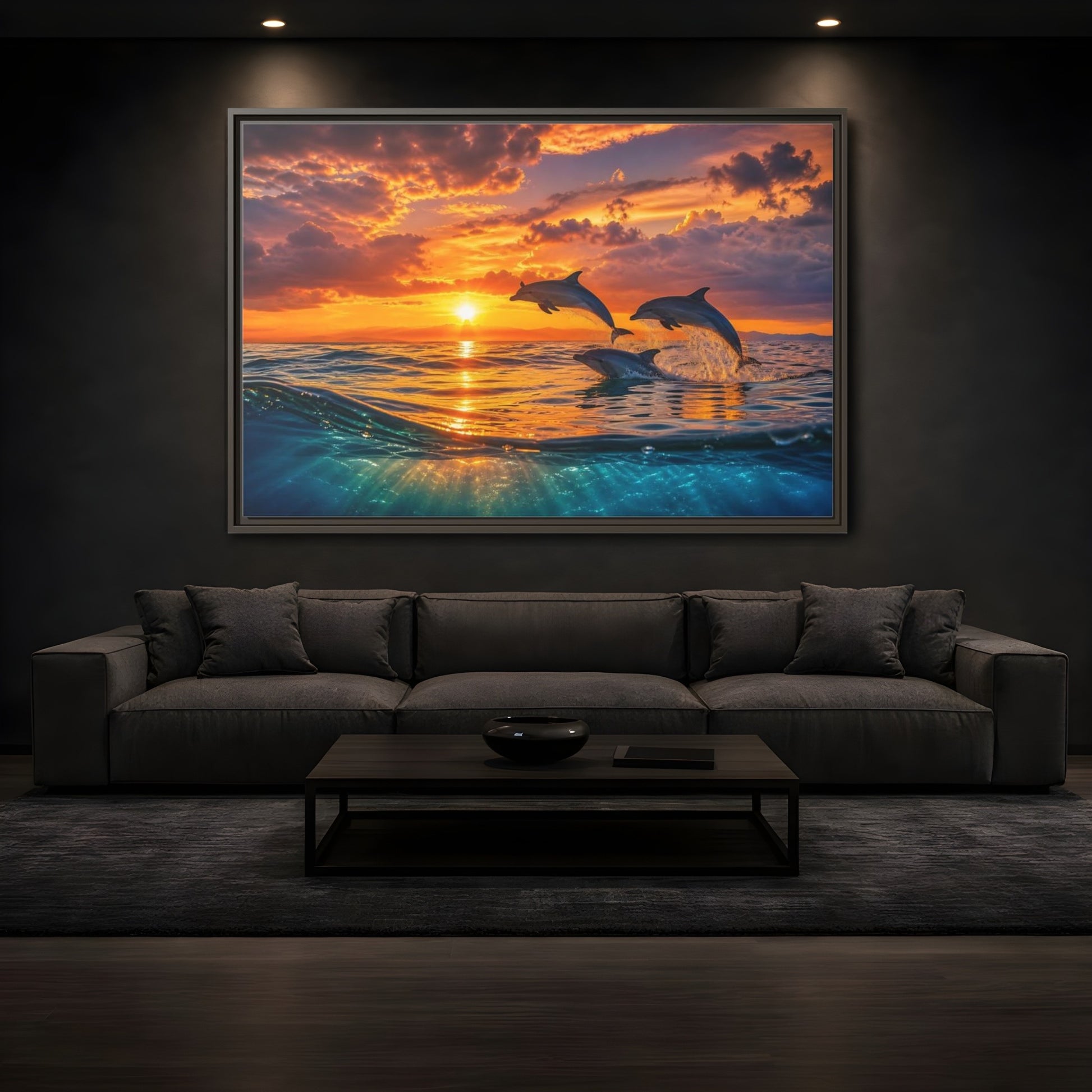 Mockup 3. Animals Dolphins Dolphins Sunset shown as stretched canvas wall art