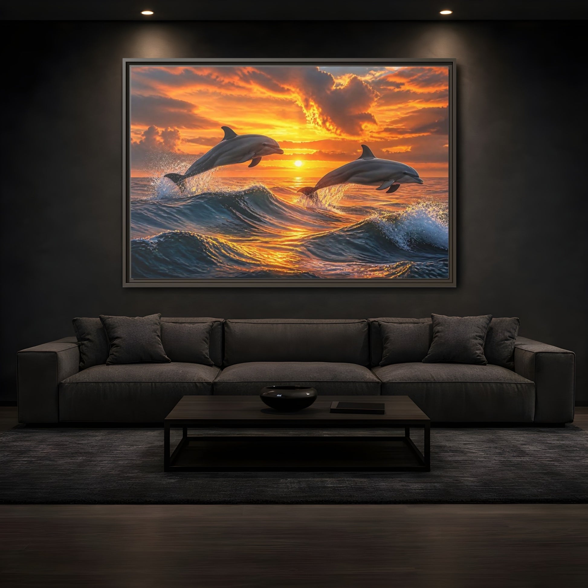 Mockup 3. Animals Dolphins Dolphins Sunset shown as stretched canvas wall art
