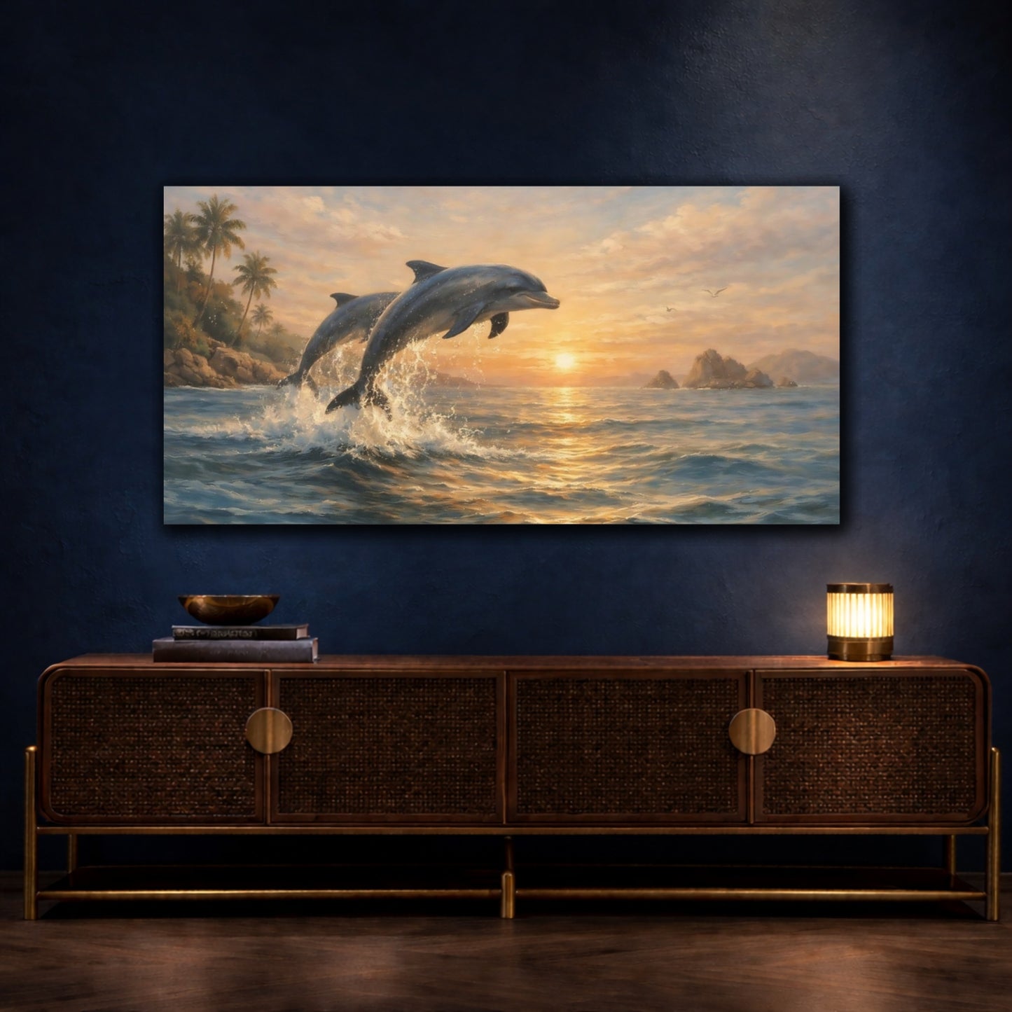 Mockup 4. Animals Dolphins Dolphins Sunset shown as stretched canvas wall art