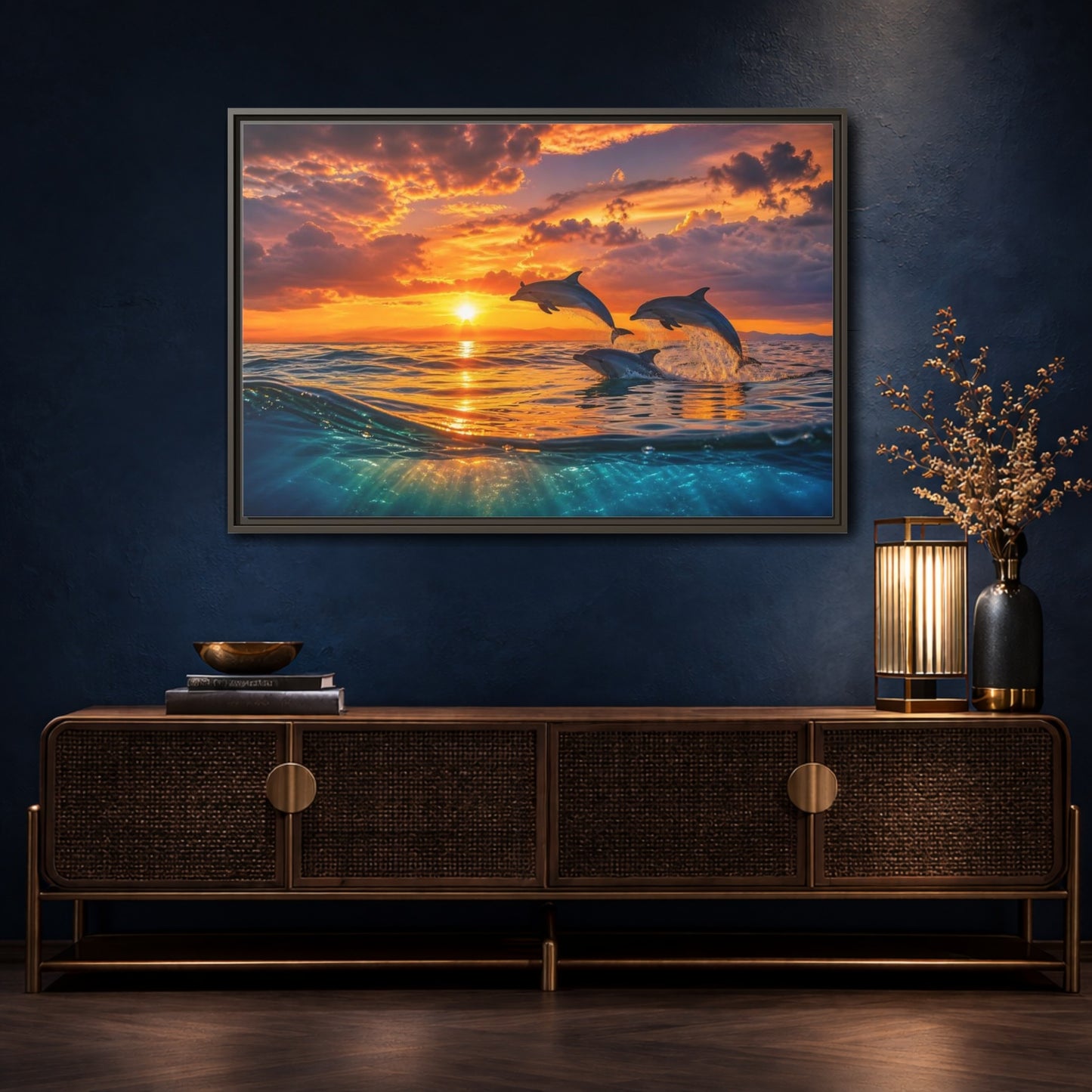 Mockup 4. Animals Dolphins Dolphins Sunset shown as stretched canvas wall art