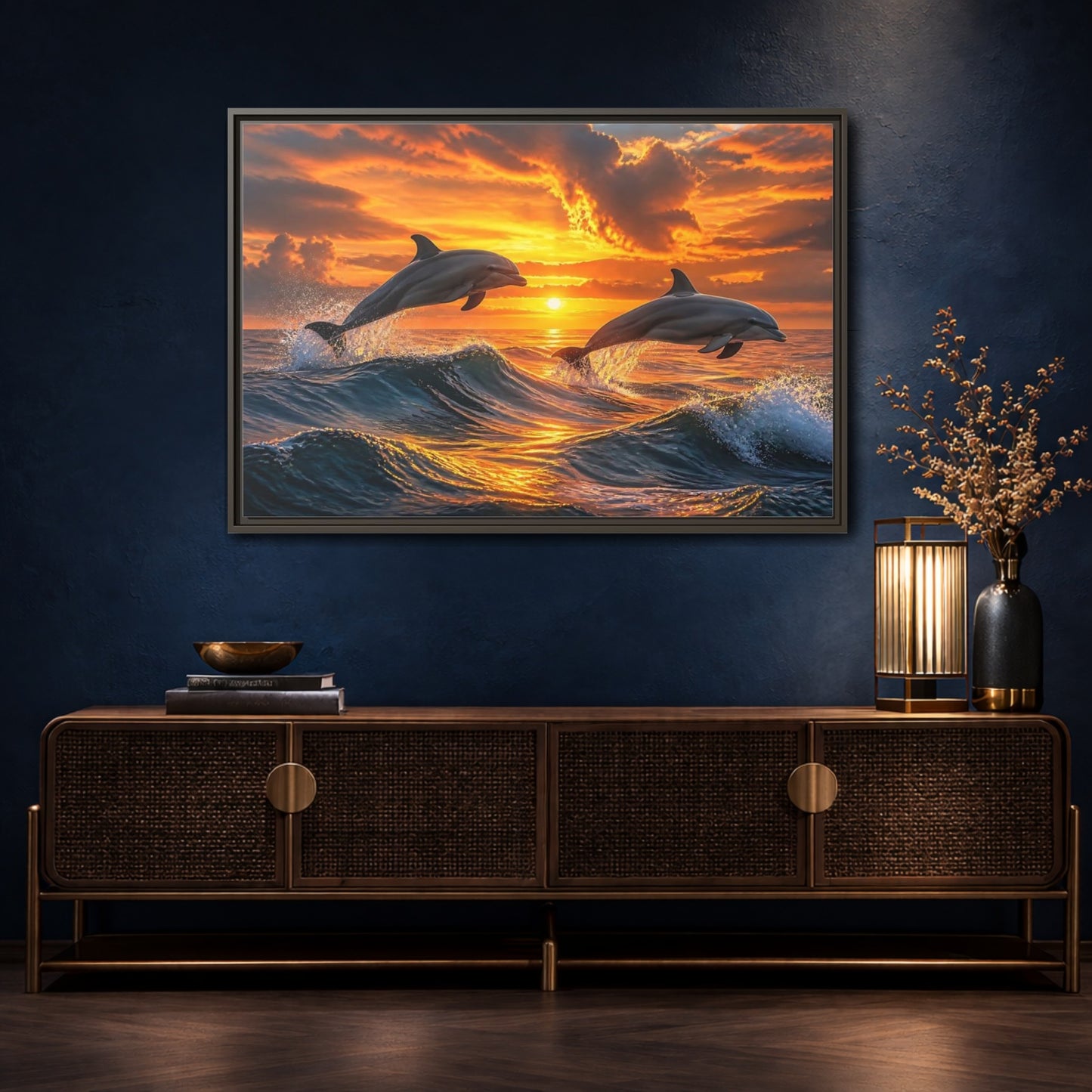 Mockup 4. Animals Dolphins Dolphins Sunset shown as stretched canvas wall art