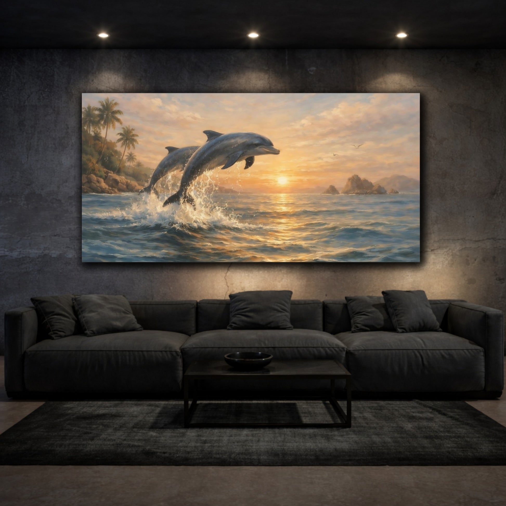 Mockup 2. Animals Dolphins Orange Blue Sunset shown as stretched canvas wall art