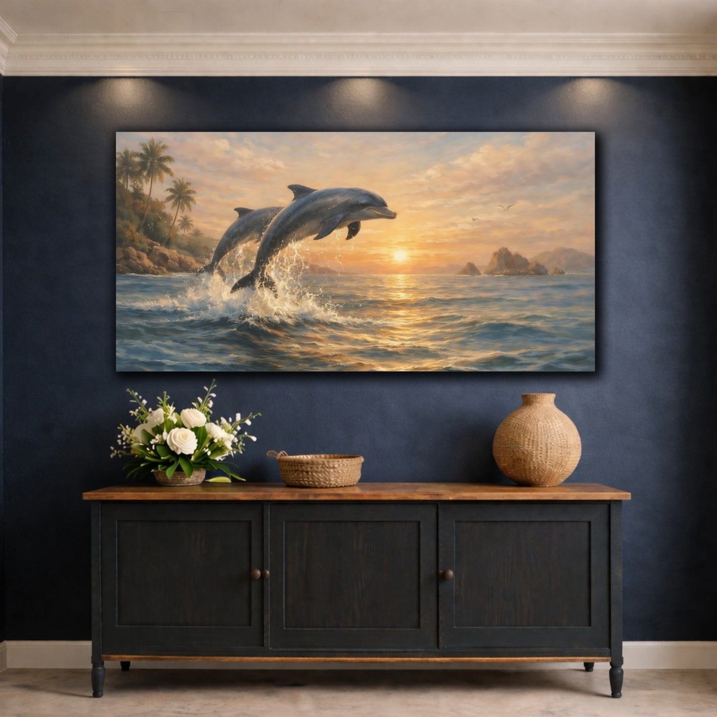 Mockup 4. Animals Dolphins Orange Blue Sunset shown as stretched canvas wall art