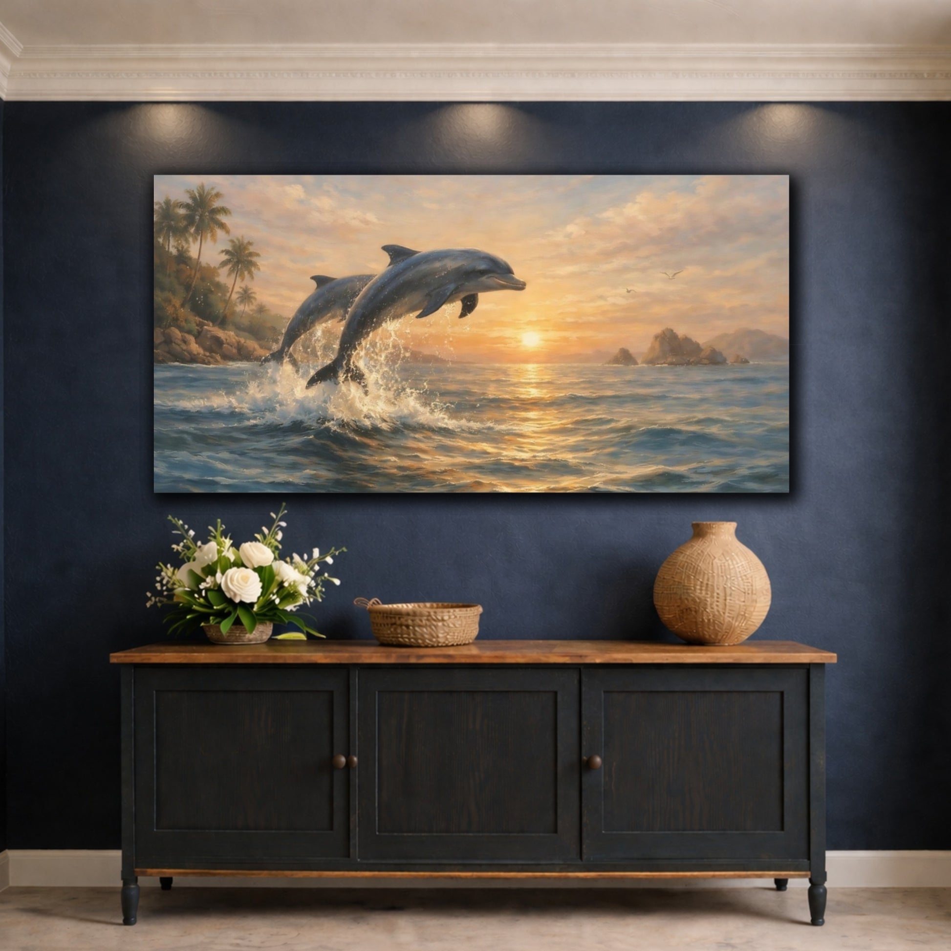 Mockup 4. Animals Dolphins Orange Blue Sunset shown as stretched canvas wall art