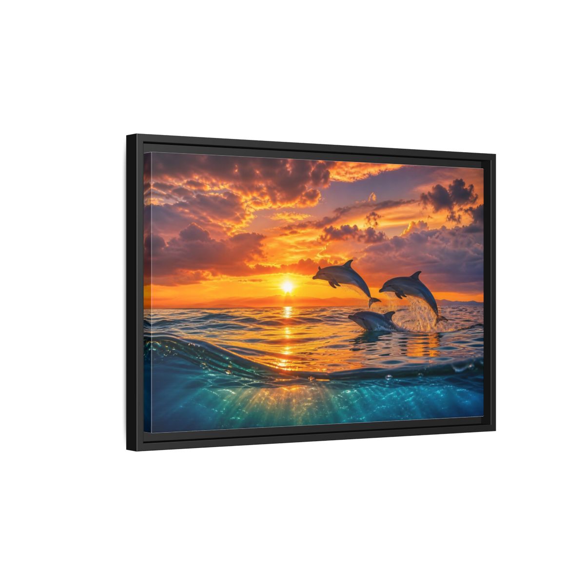 Side Mockup 3. Animals Dolphins Dolphins Sunset shown as stretched canvas wall art