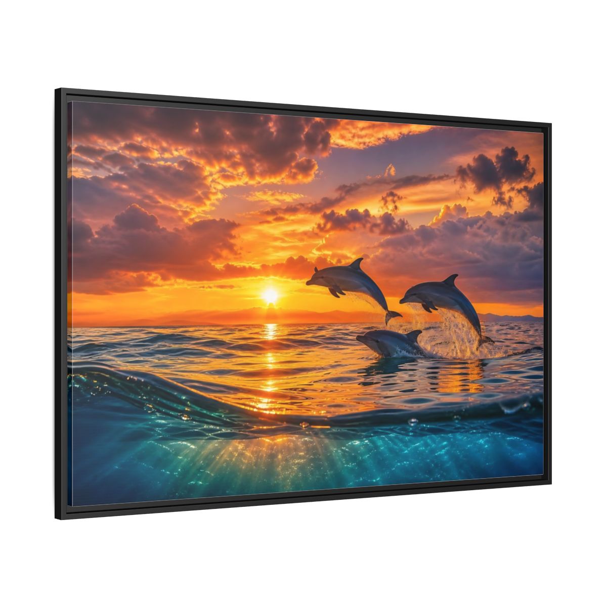 Side Mockup 12. Animals Dolphins Dolphins Sunset shown as stretched canvas wall art