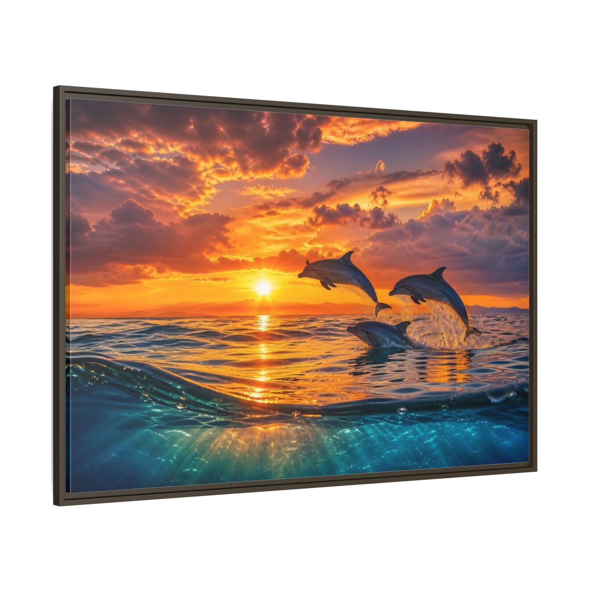 Side Mockup 8. Animals Dolphins Dolphins Sunset shown as stretched canvas wall art