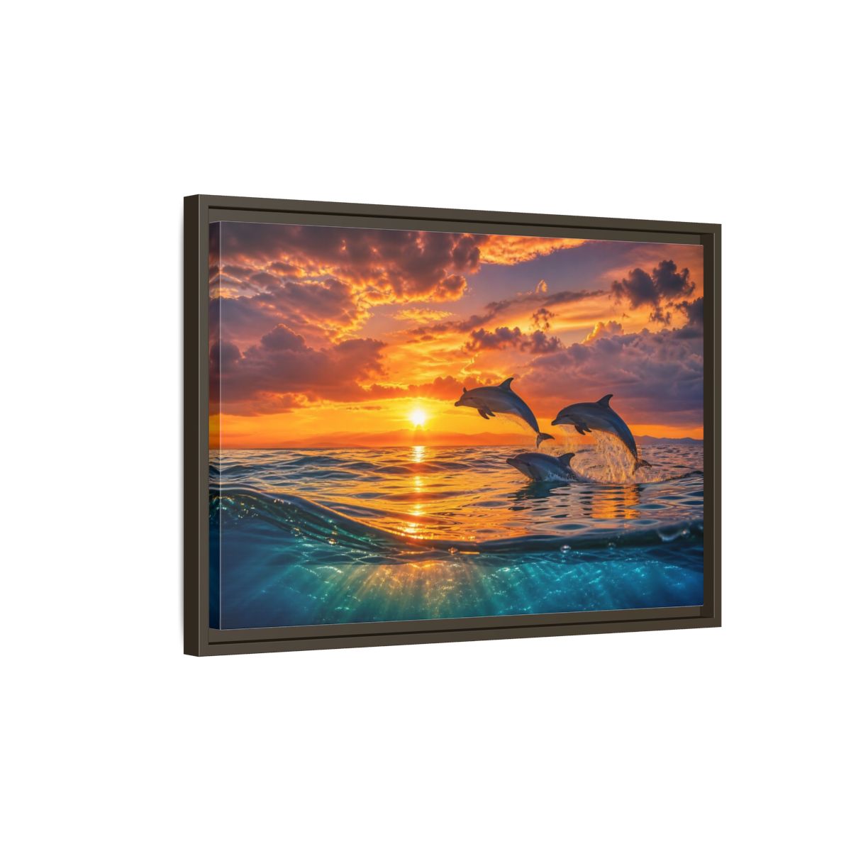 Side Mockup 2. Animals Dolphins Dolphins Sunset shown as stretched canvas wall art