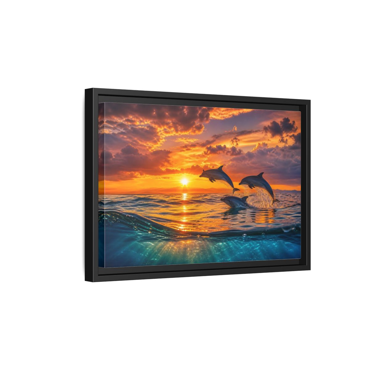 Side Mockup 6. Animals Dolphins Dolphins Sunset shown as stretched canvas wall art
