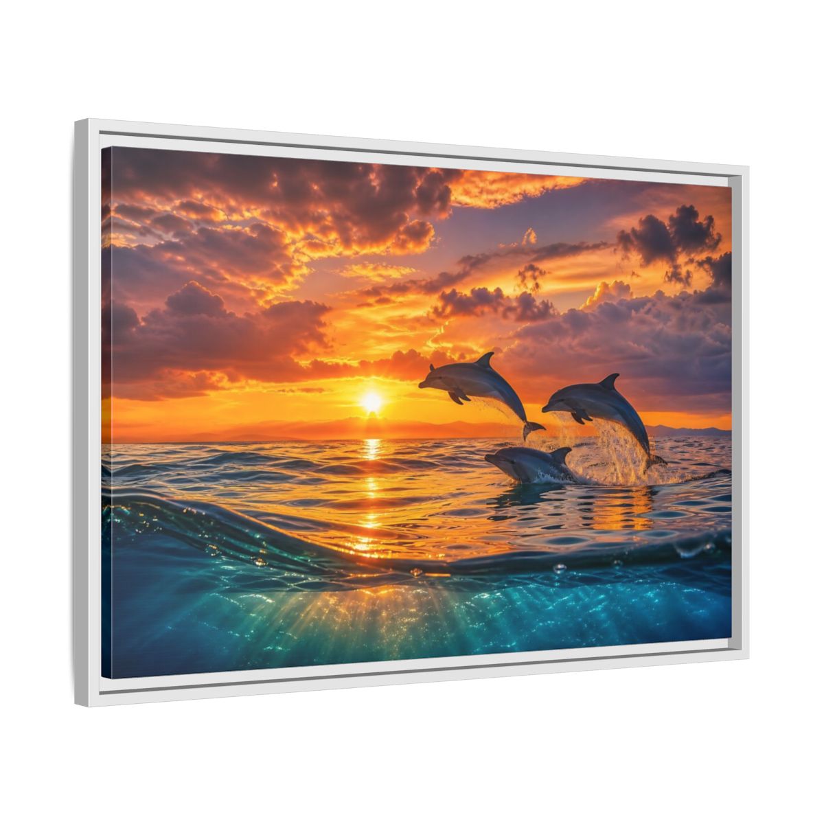 Side Mockup 10. Animals Dolphins Dolphins Sunset shown as stretched canvas wall art