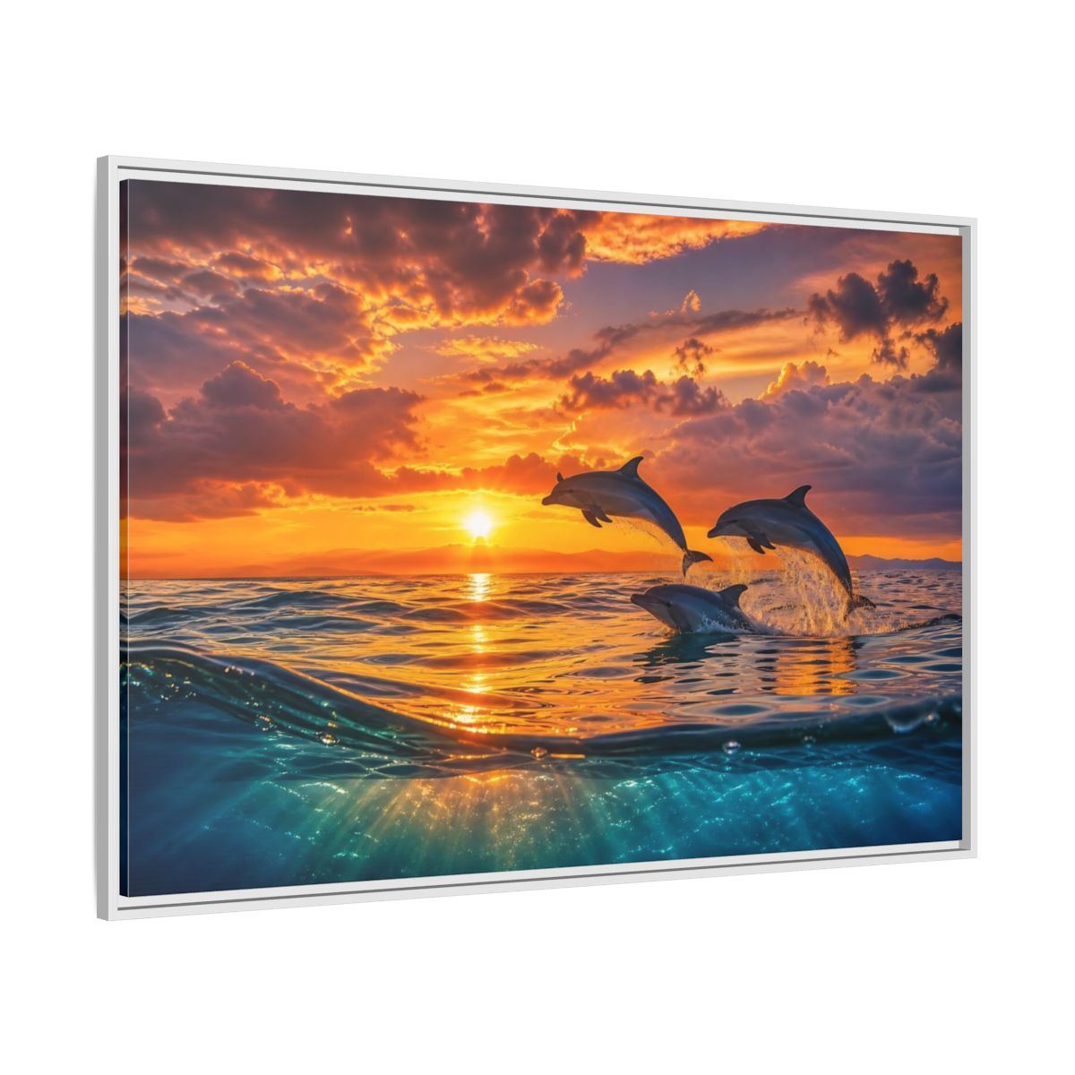 Side Mockup 7. Animals Dolphins Dolphins Sunset shown as stretched canvas wall art