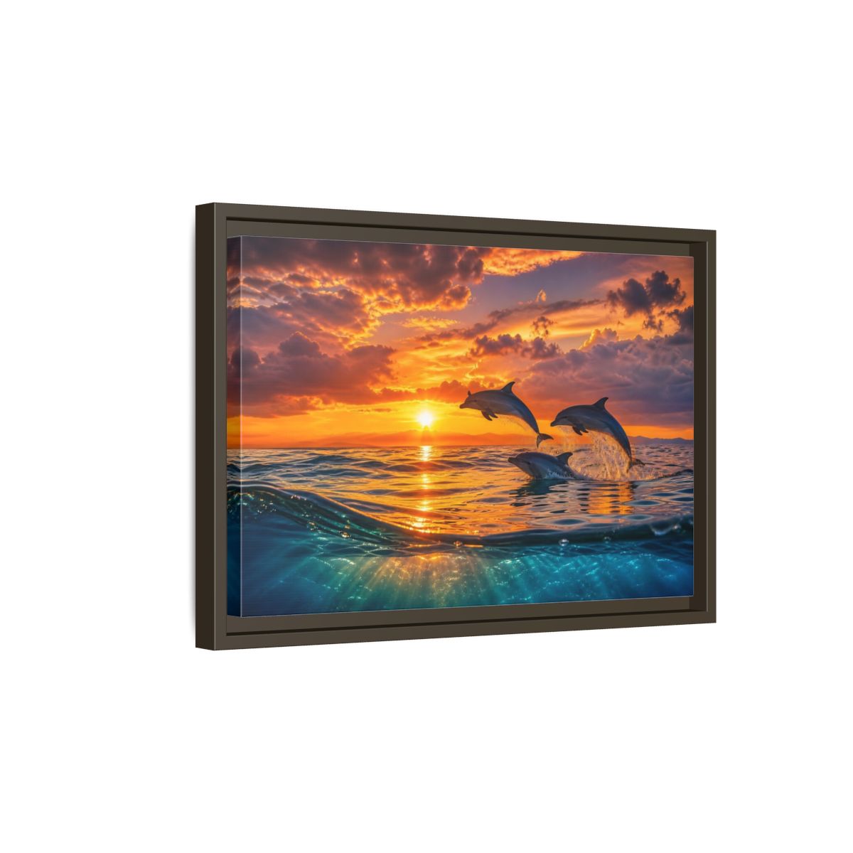 Side Mockup 5. Animals Dolphins Dolphins Sunset shown as stretched canvas wall art