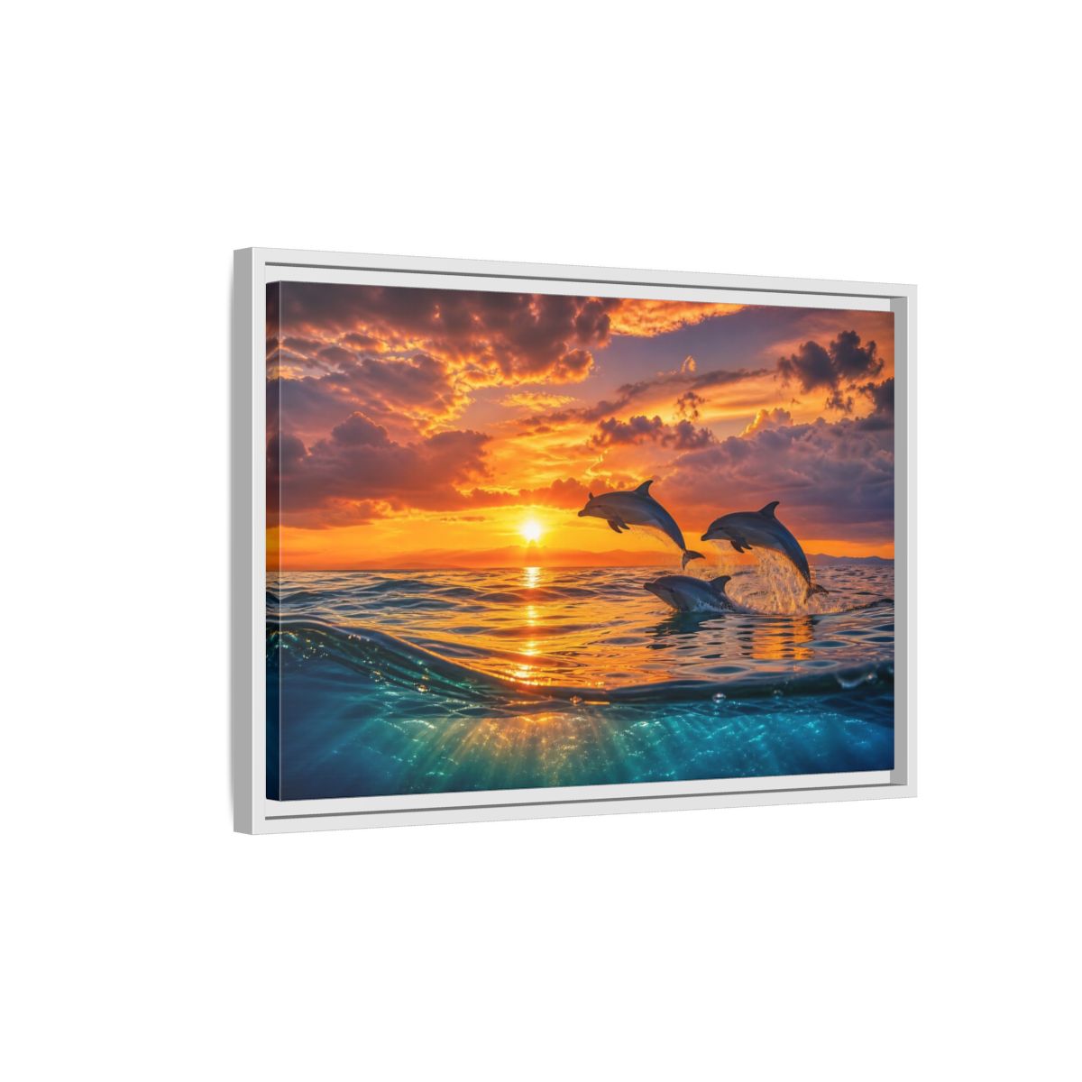 Side Mockup 1. Animals Dolphins Dolphins Sunset shown as stretched canvas wall art