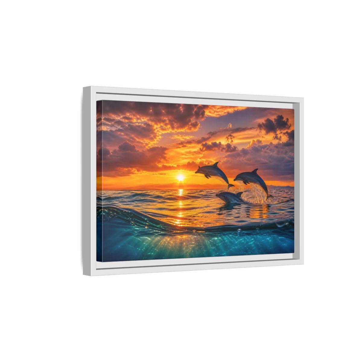 Side Mockup 4. Animals Dolphins Dolphins Sunset shown as stretched canvas wall art