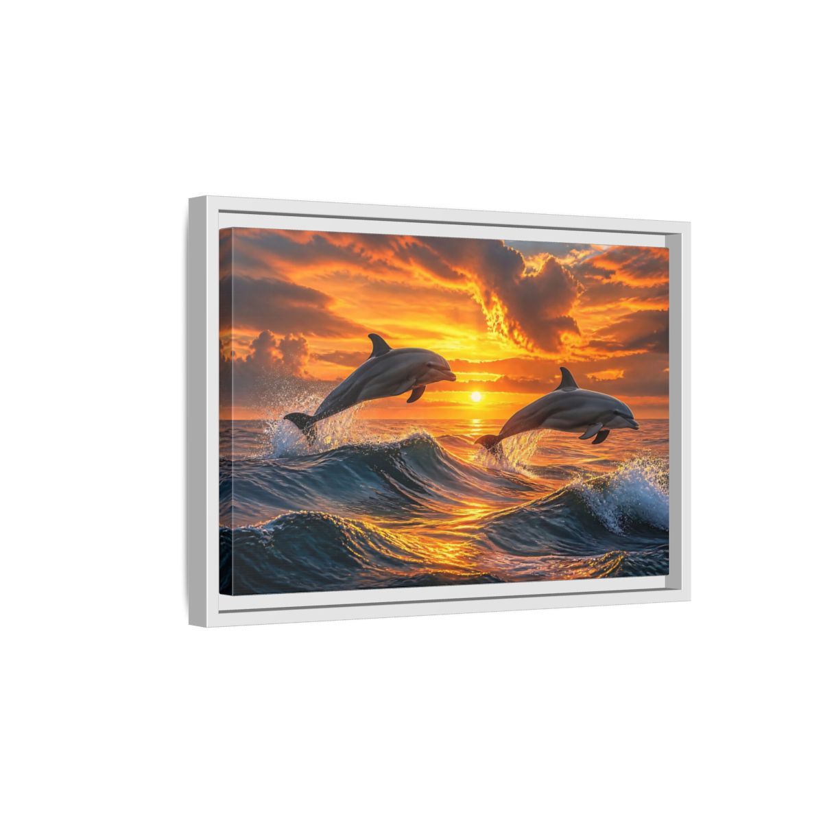 Side Mockup 4. Animals Dolphins Dolphins Sunset shown as stretched canvas wall art