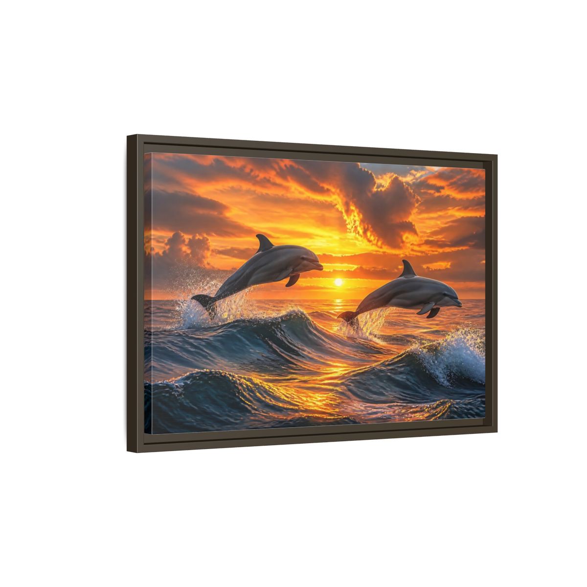 Side Mockup 2. Animals Dolphins Dolphins Sunset shown as stretched canvas wall art
