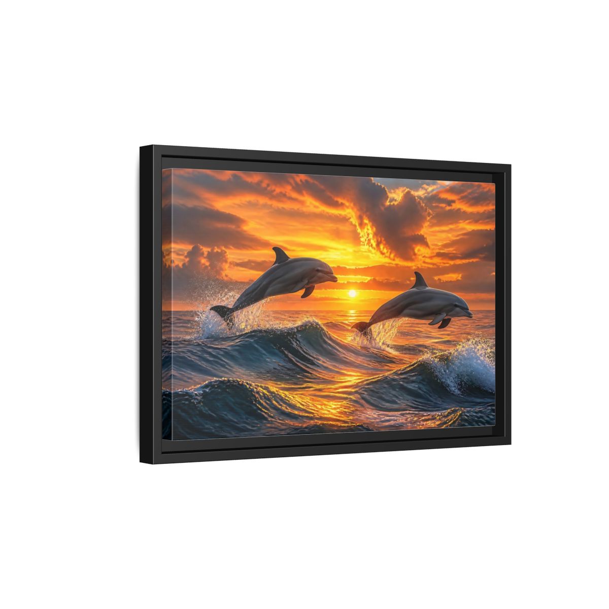 Side Mockup 6. Animals Dolphins Dolphins Sunset shown as stretched canvas wall art